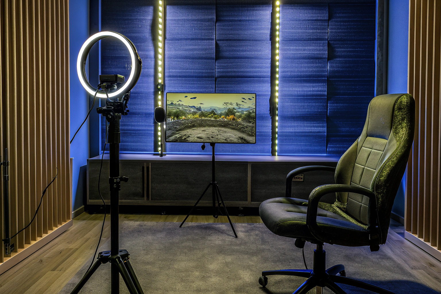 Ein modern eingerichtetes Streaming-Studio mit hochwertiger Ausstattung wie Mikrofon und Beleuchtung. Streaming Setup