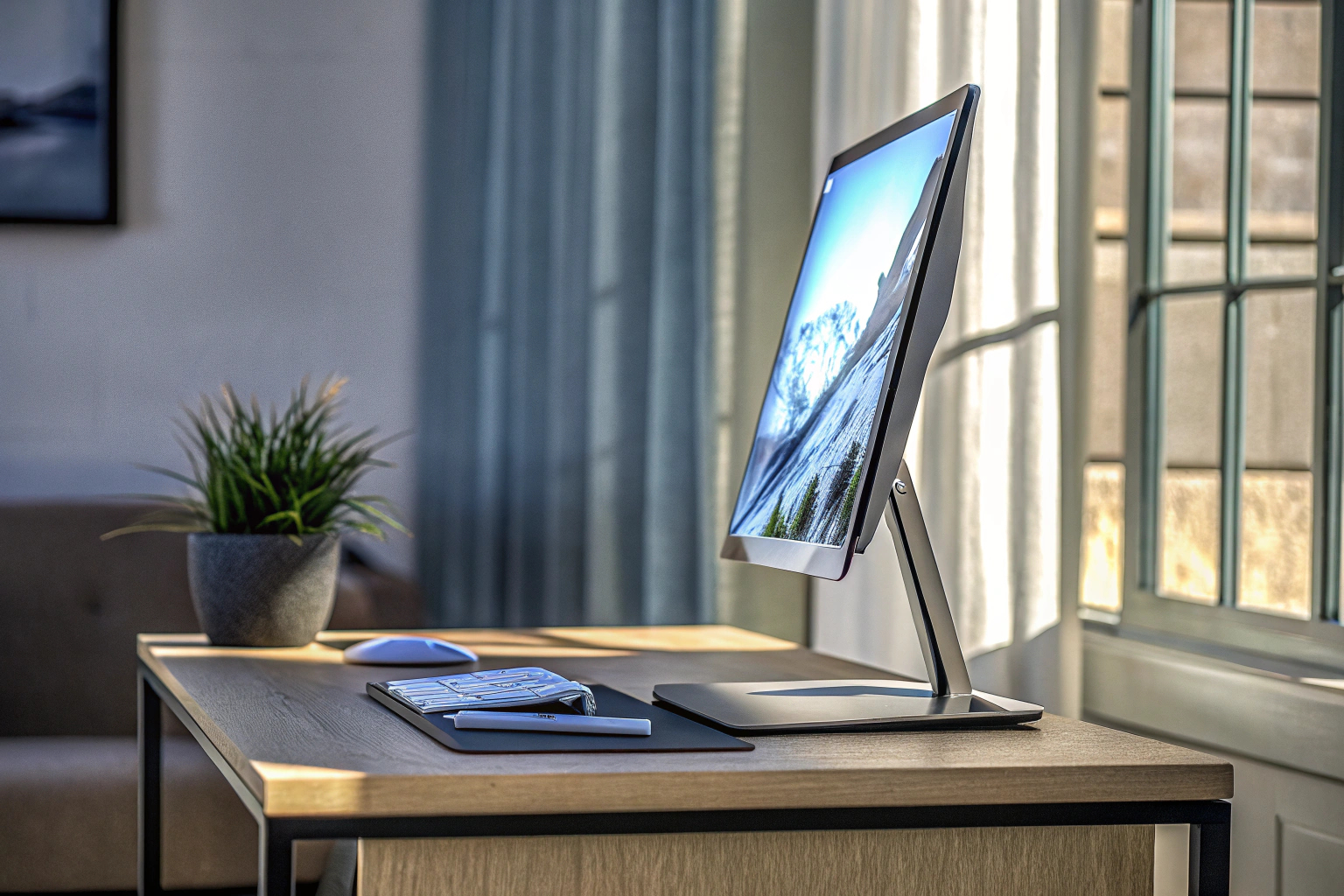 Ein moderner Arbeitsplatz mit einem ergonomischen Monitor. Ergonomischer Monitor am Arbeitsplatz