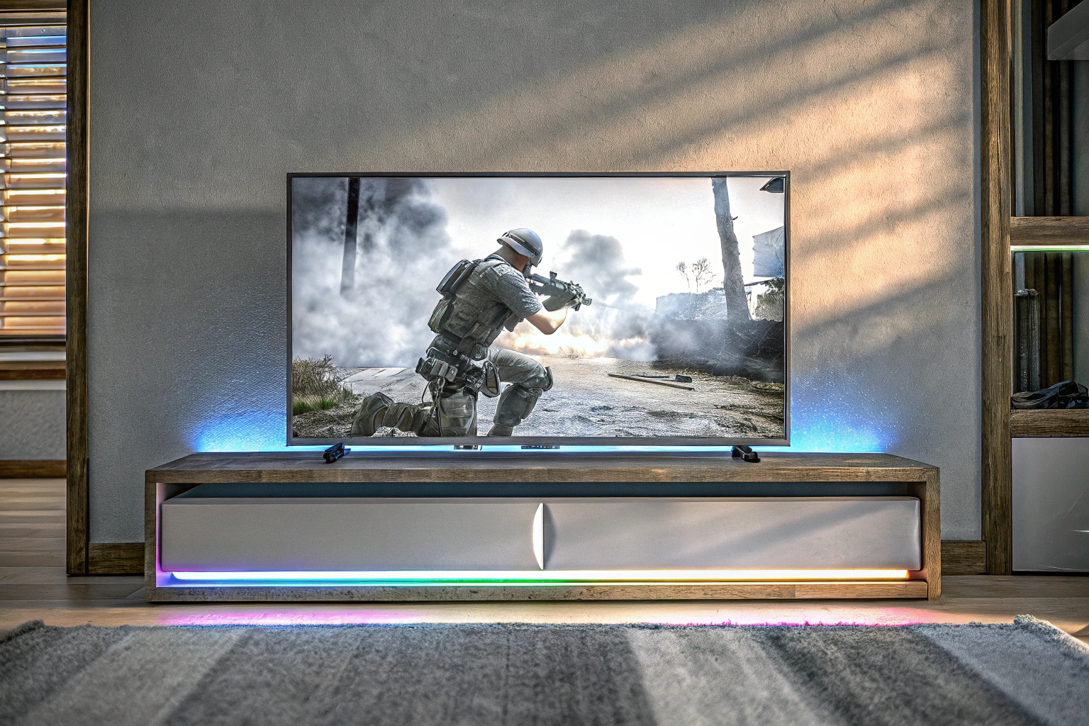 Ein moderner Gaming-Fernseher, der eine lebendige und klare Darstellung eines actiongeladenen Spiels zeigt. Gaming-Fernseher mit lebendigen Farben