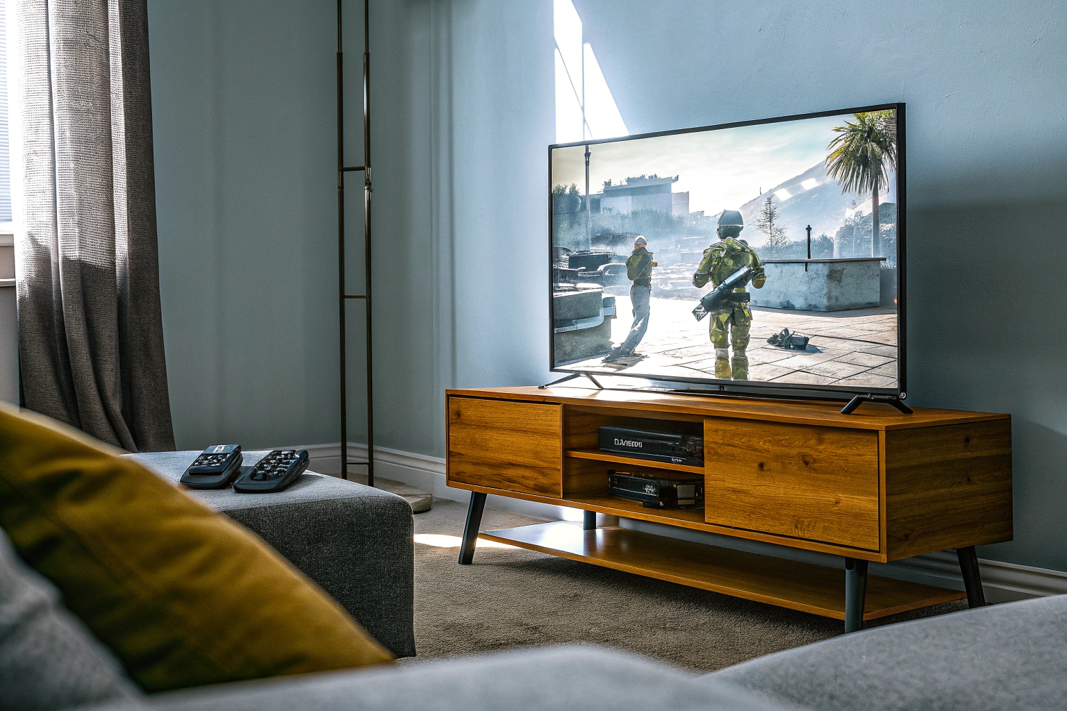 Ein moderner Gaming-Fernseher in einem stilvollen Wohnzimmer, perfekt für immersive Gaming-Sessions. Moderner Gaming-Fernseher im Wohnzimmer