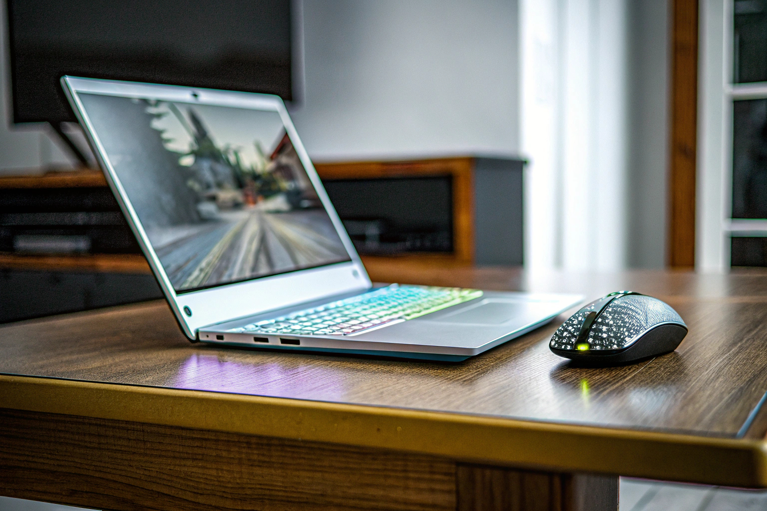 Ein moderner Gaming-Laptop auf einem Tisch mit einer Gaming-Maus daneben. Gaming-Laptop auf einem Tisch
