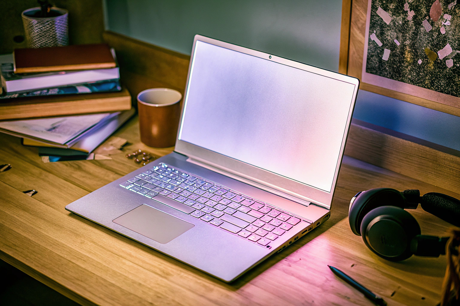 Ein moderner Gaming-Laptop mit beleuchteter Tastatur in einem Studentenwohnheim. Gaming-Laptop mit beleuchteter Tastatur