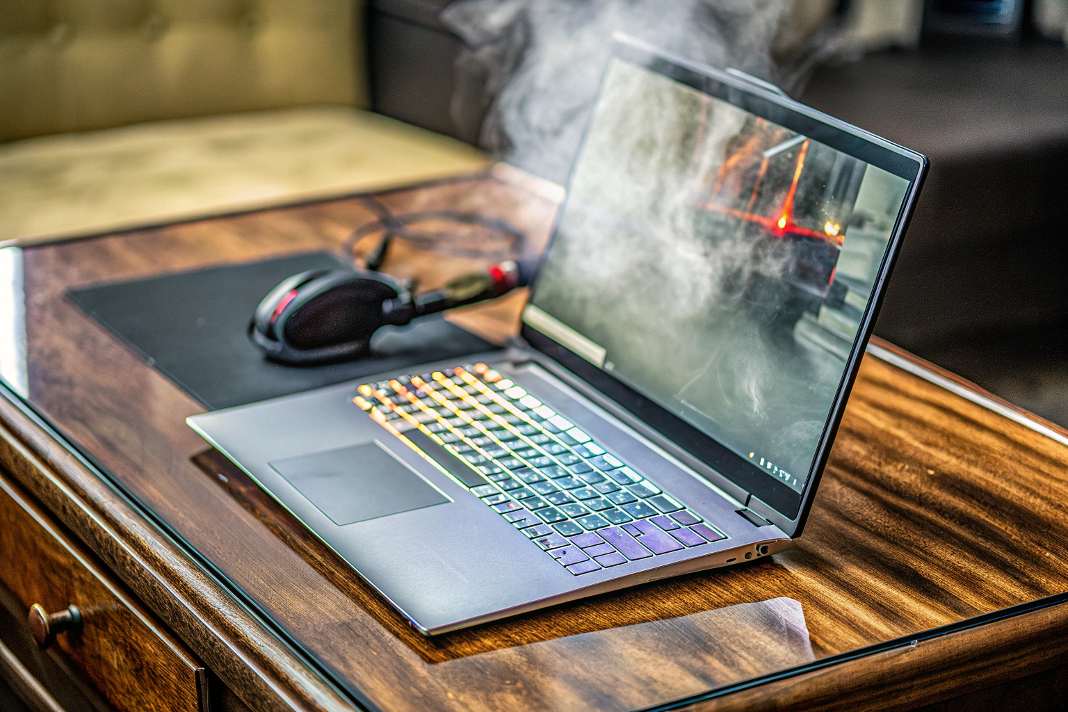 Ein moderner Gaming-Laptop mit RGB-beleuchteter Tastatur und einem leistungsstarken Kühlsystem. Gaming-Laptop mit RGB-Tastatur
