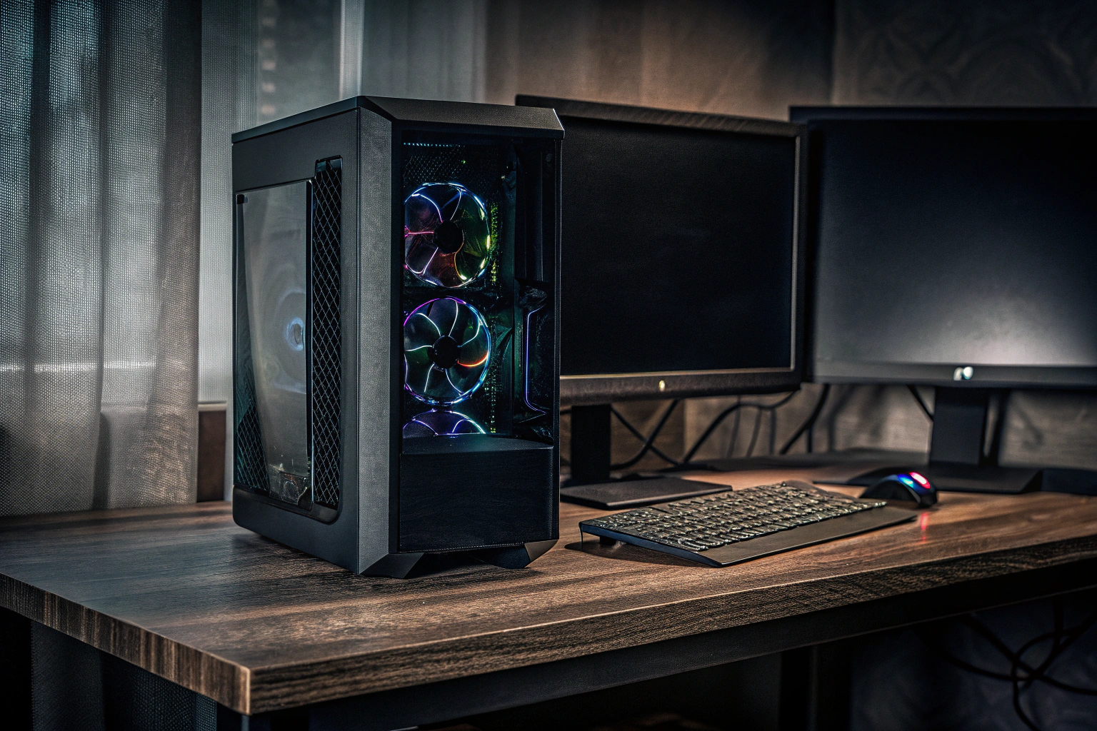 Ein moderner Gaming-PC mit RGB-Beleuchtung und leistungsstarker Hardware. Moderner Gaming-PC mit RGB-Beleuchtung