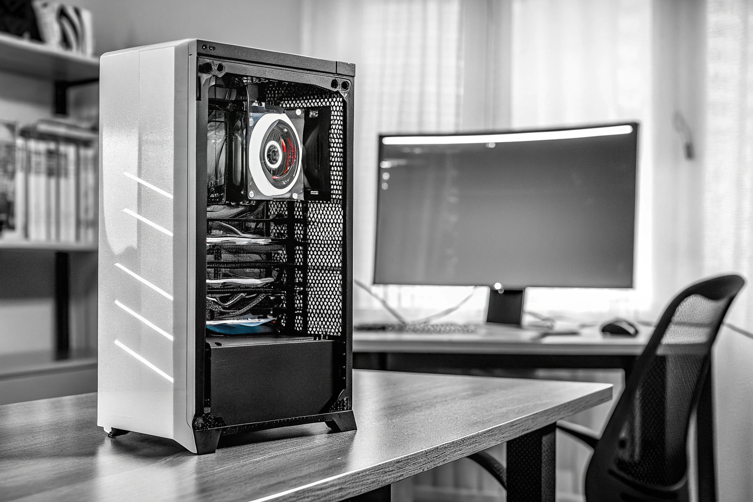 Ein moderner Gaming-PC mit RGB-Beleuchtung und offenen Seitenwänden. Moderner Gaming-PC mit RGB-Beleuchtung