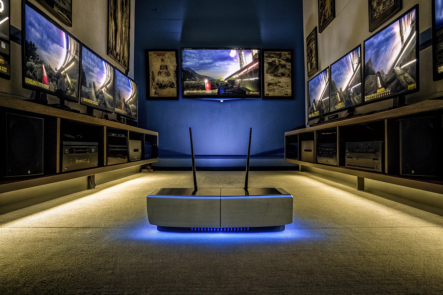 Ein moderner Gaming-Raum mit mehreren Bildschirmen und einem leistungsstarken Router. Gaming-Raum mit Router