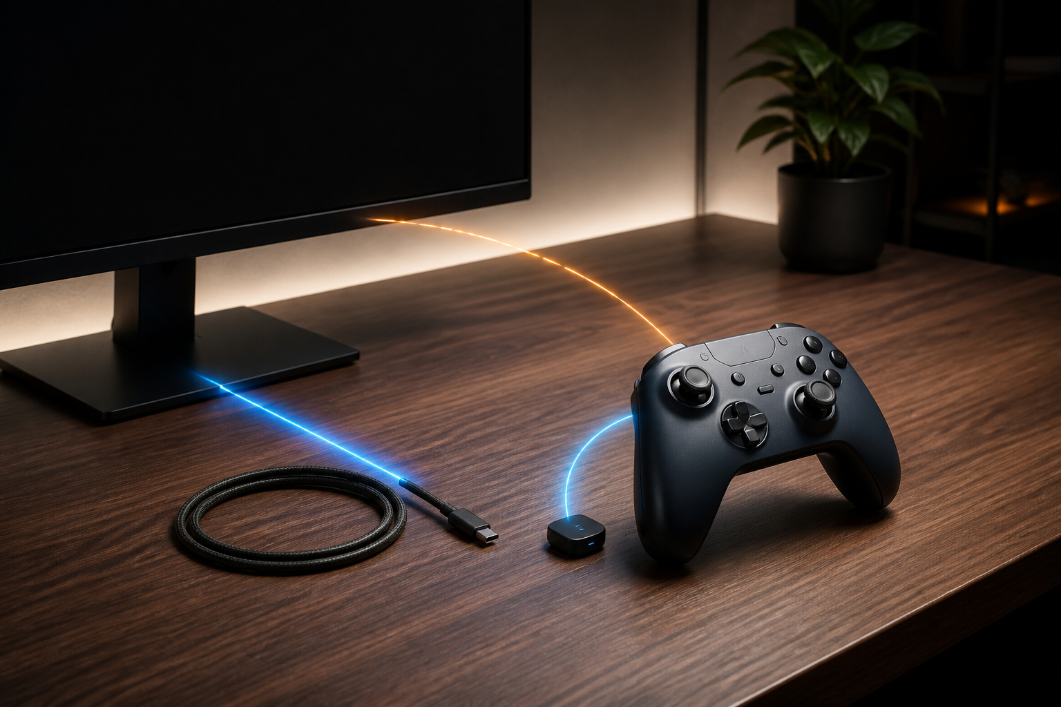 PC Controller mit Kabel und kabellosem Funkempfänger auf einem Gaming-Schreibtisch