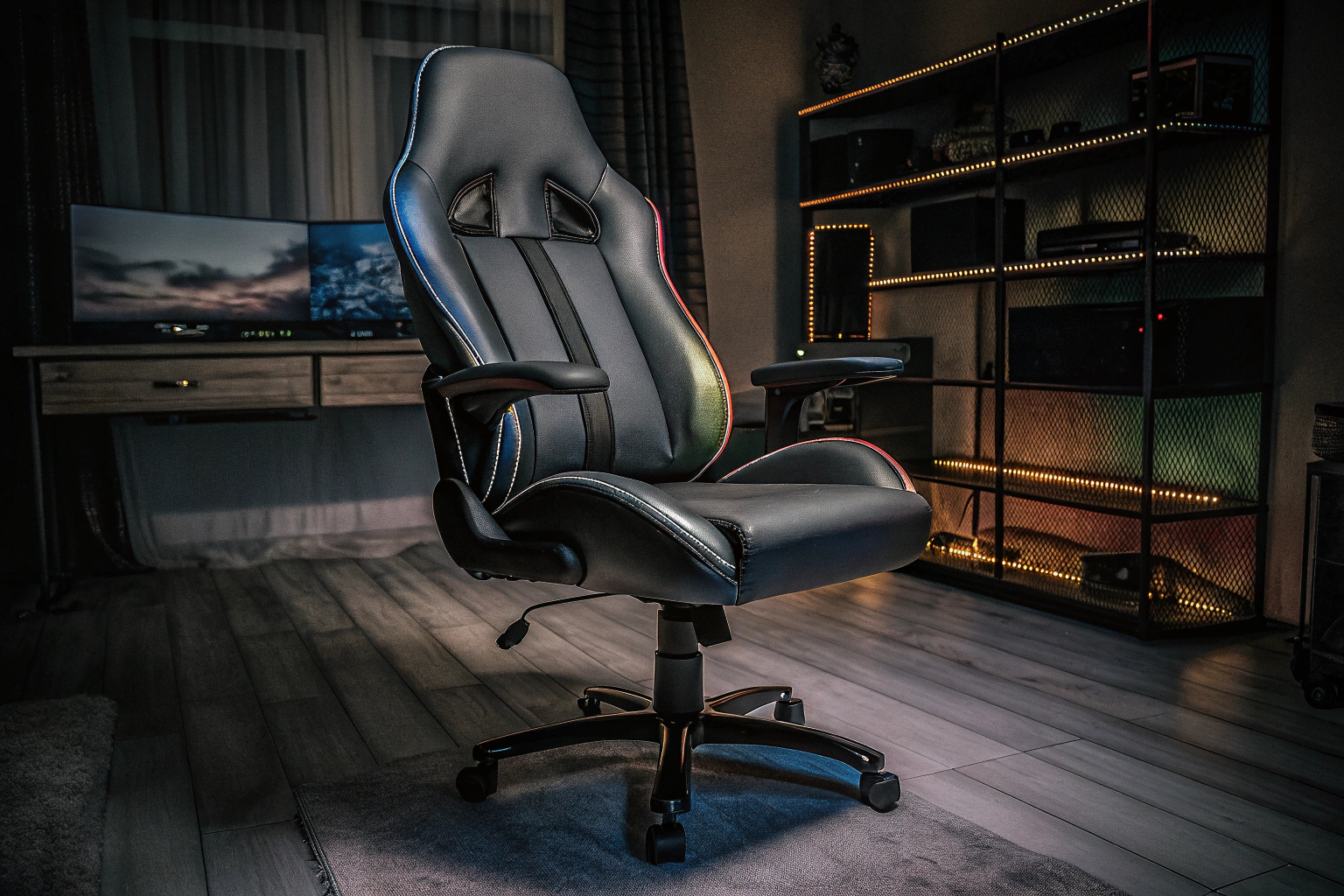 Ein moderner Gaming-Stuhl in einem stilvollen Gaming-Raum. Moderner Gaming-Stuhl