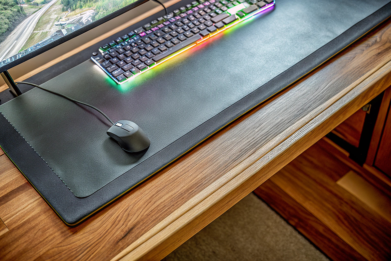 Ein moderner Gaming-Tisch mit RGB-Beleuchtung und reichlich Platz für Gaming-Equipment. Moderner Gaming-Tisch mit RGB-Beleuchtung