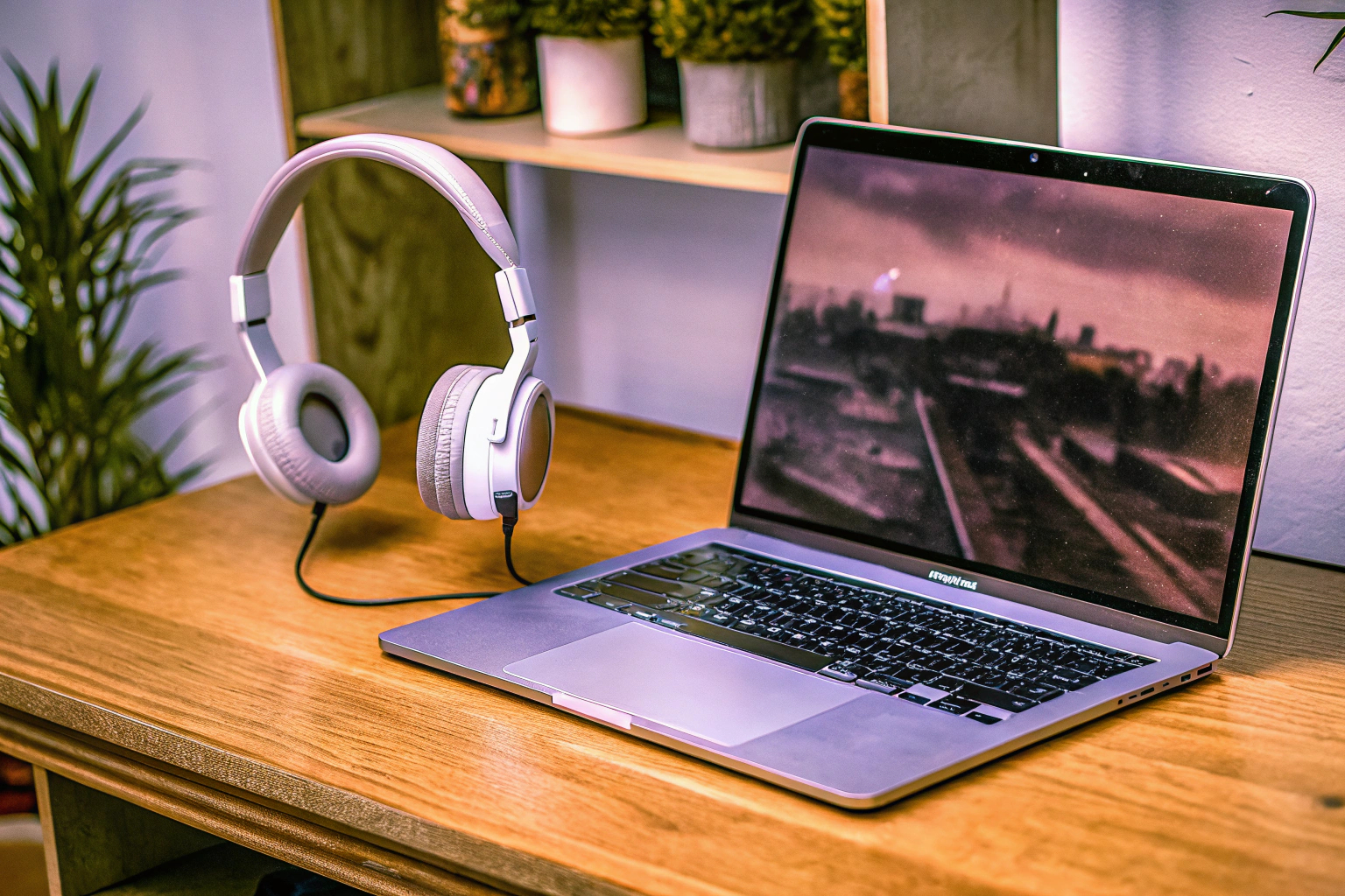 Ein moderner, schlanker Gaming-Laptop auf einem Schreibtisch mit einem Headset daneben. Schlanker Gaming-Laptop auf einem Schreibtisch
