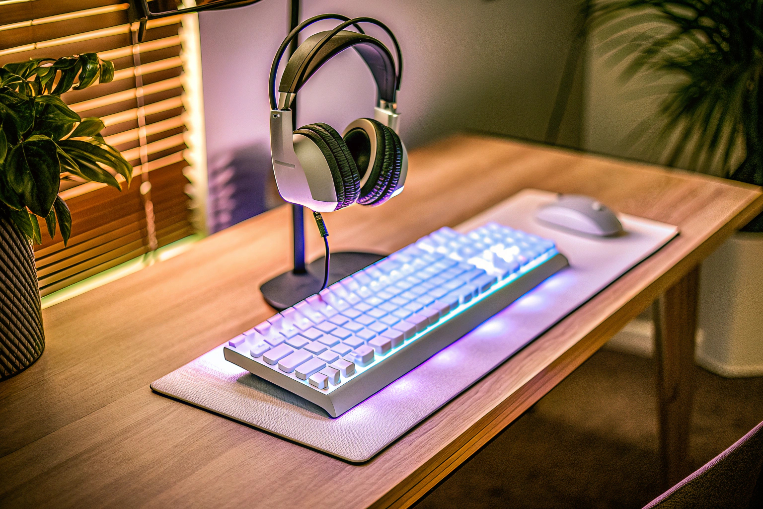 Ein moderner Schreibtisch mit Gaming-Zubehör, einschließlich Kopfhörer, Tastatur und Maus. Gaming-Zubehör auf einem Schreibtisch