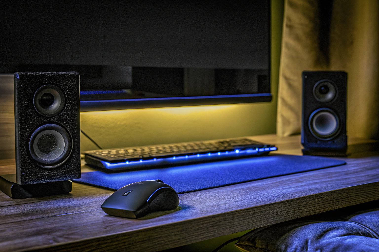 Ein modernes Gaming-Setup mit einer hochwertigen Soundanlage. Gaming-Setup mit Soundanlage