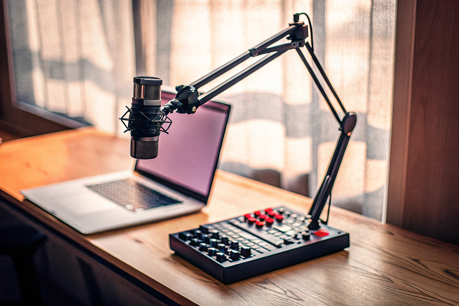Ein modernes Streaming-Setup mit Mikrofon, Mixer und Laptop. Streaming-Setup mit Mikrofon und Mixer