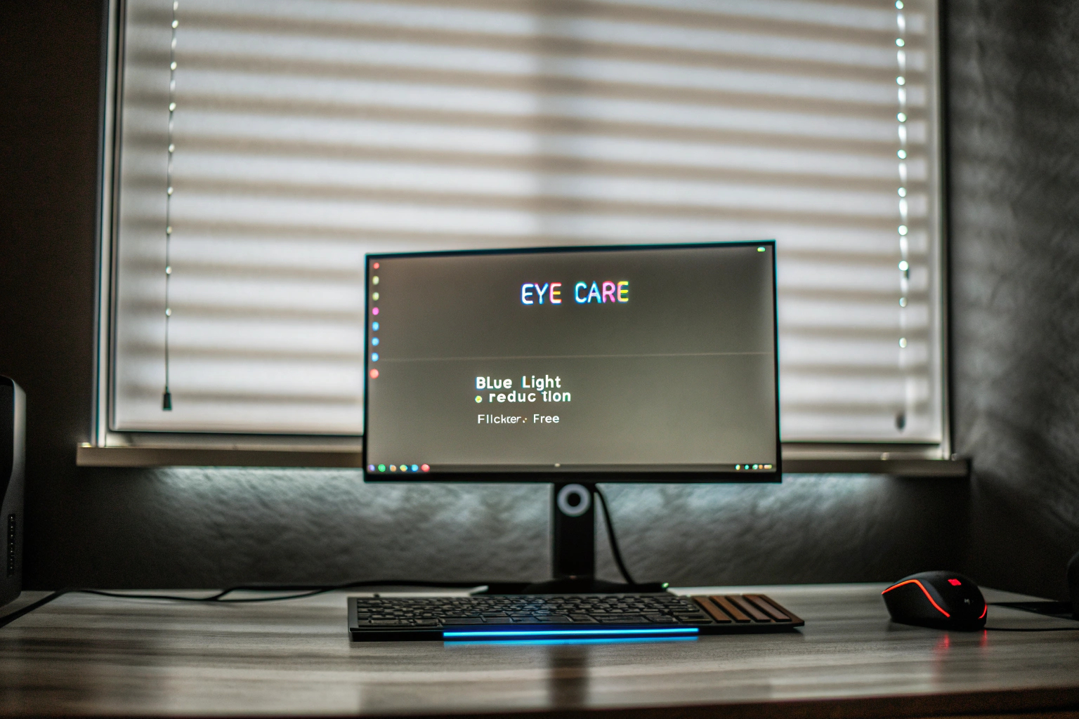 Ein Monitor mit einer Anzeige von Augenschutzfunktionen, die die Augenbelastung reduzieren. Monitor mit Augenschutzfunktionen