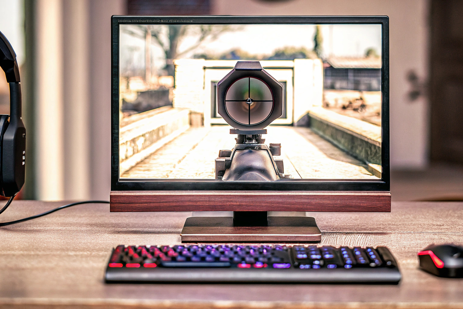 Ein Monitor mit Fadenkreuz-Aufkleber, der das Zielen in einem Shooter-Spiel erleichtert. Fadenkreuz-Aufkleber auf Monitor