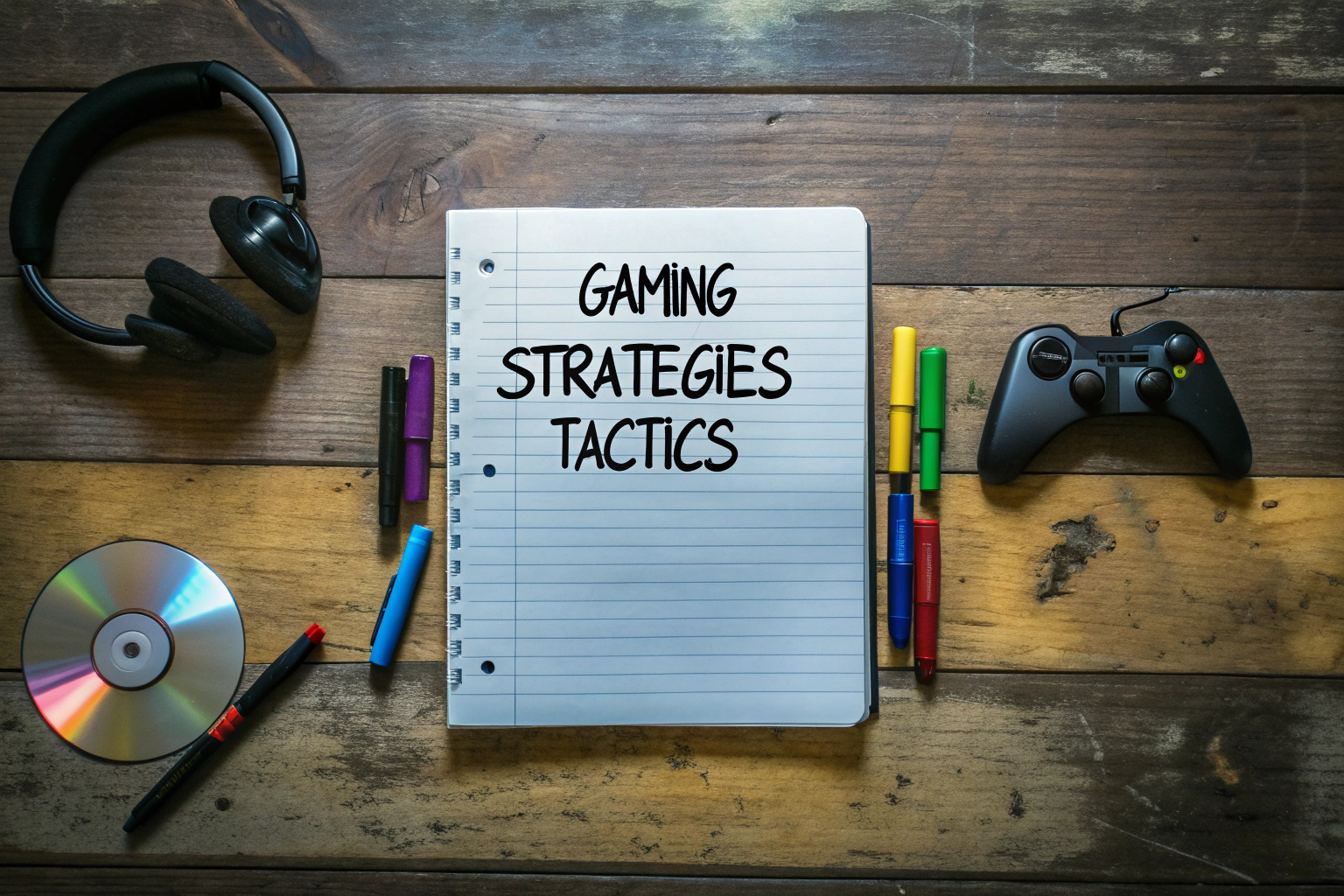 Ein Notizbuch mit handgeschriebenen Gaming-Strategien und Taktiken. Notizbuch für Gaming-Strategien