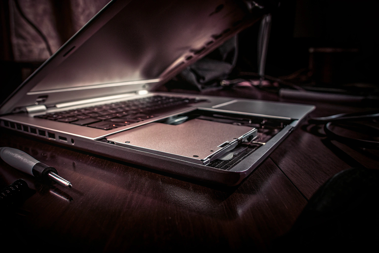 Ein offener Laptop zeigt, wie eine SSD innerhalb des Geräts installiert wird. Installation einer SSD in einem Laptop