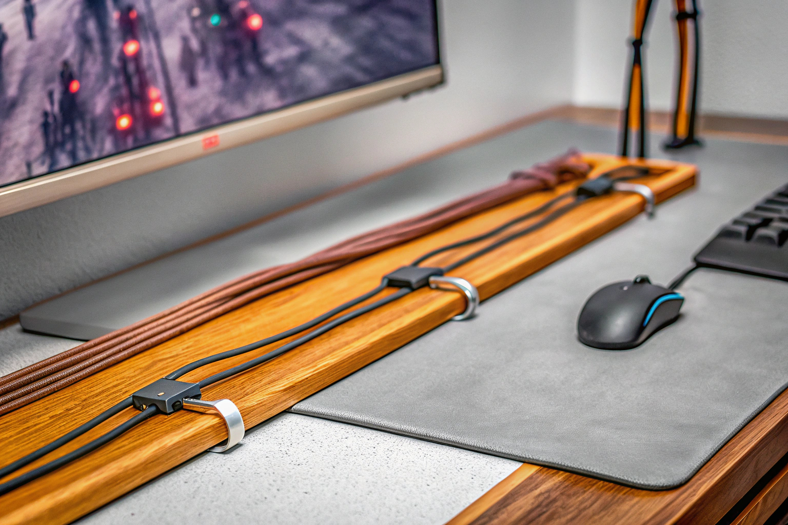 Ein ordentliches Kabelmanagement mit diversen Clips und Haltern. Kabelmanagement in einem Gaming-Setup