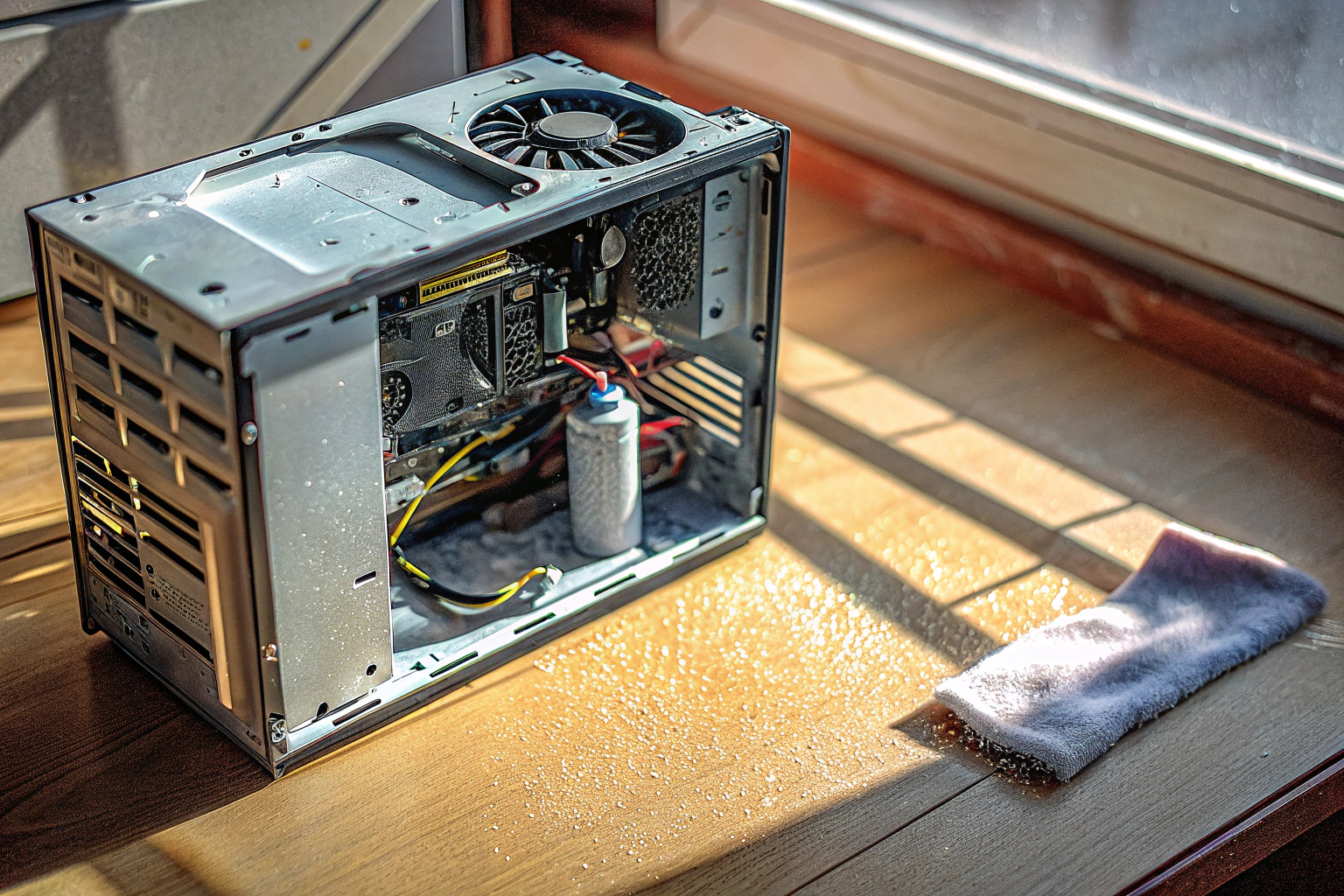 Ein PC, der geöffnet ist und gereinigt wird, um die Komponenten von Staub zu befreien. Reinigung eines offenen PCs