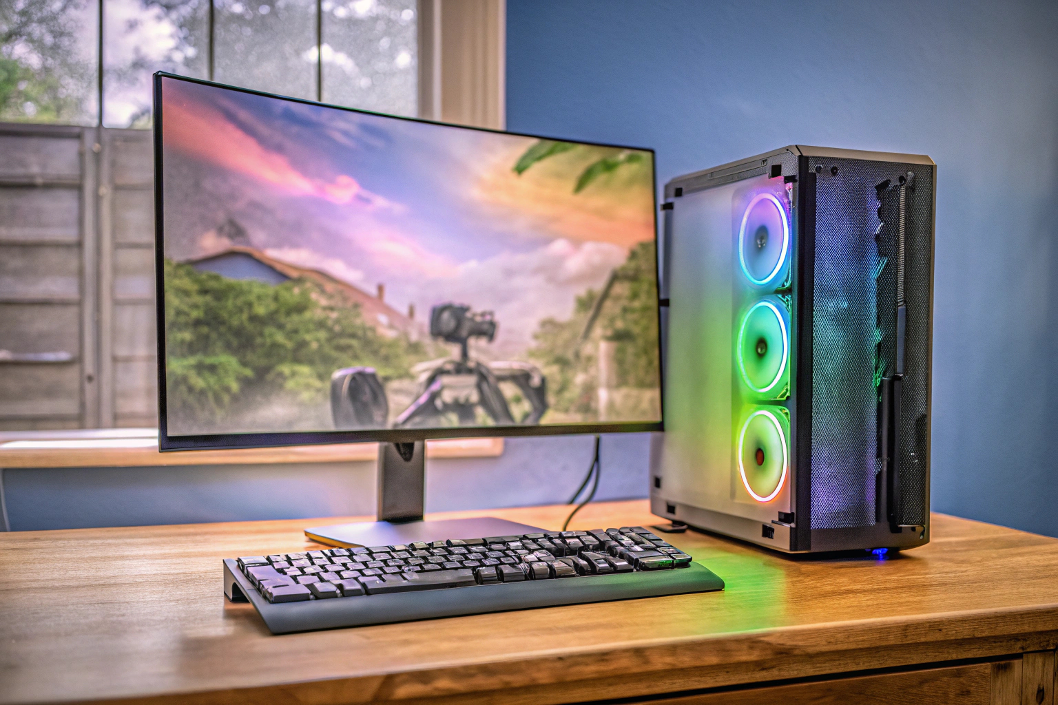 Ein PC-Gaming-Setup mit RGB-Beleuchtung und modifiziertem Gehäuse. PC-Gaming-Setup mit RGB-Beleuchtung
