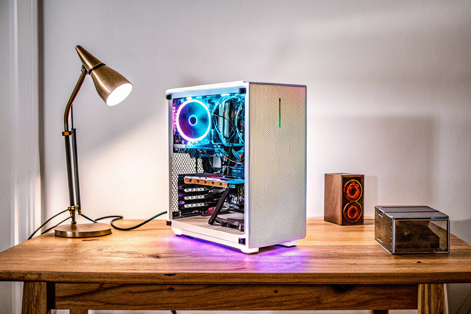 Ein PC-Gehäuse mit RGB-Beleuchtung, das auf einem Schreibtisch steht. Gaming-PC-Gehäuse mit RGB-Lichtern