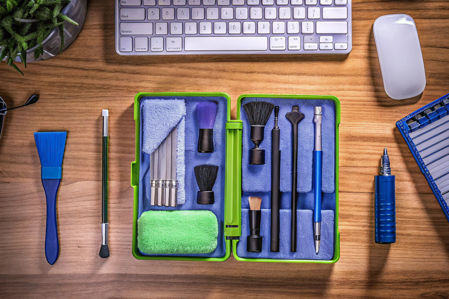 Ein PC-Reinigungsset mit verschiedenen Bürsten und Reinigungswerkzeugen. PC-Reinigungsset mit Bürsten