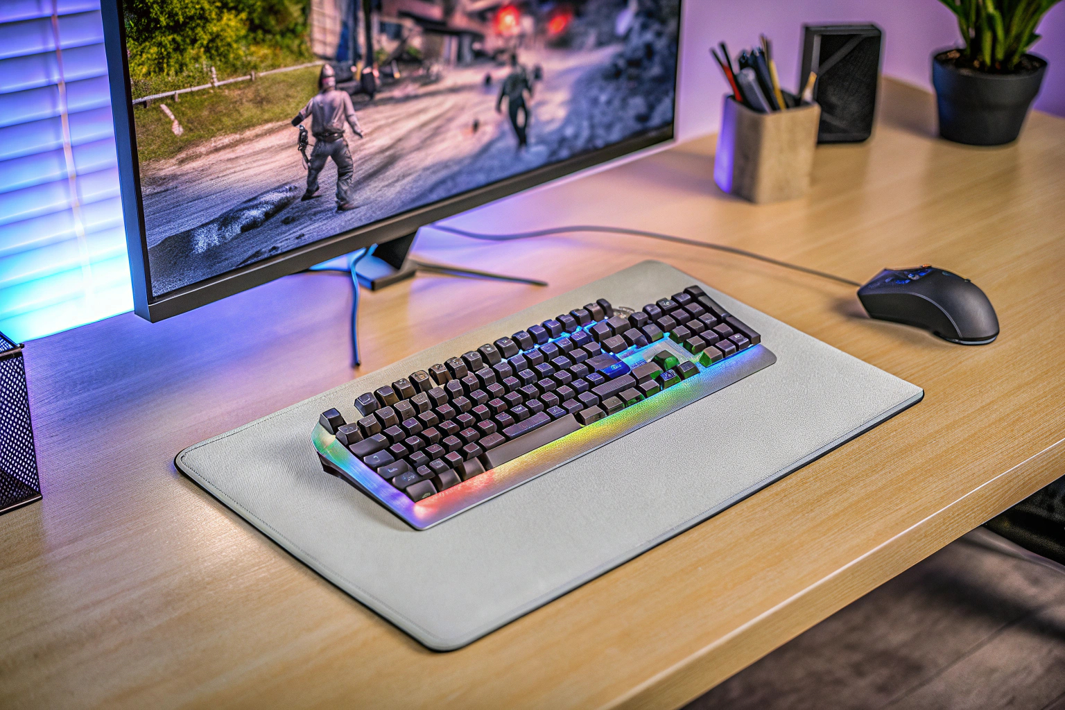 Ein perfekt eingerichteter Gaming-Schreibtisch mit hochwertigem Zubehör. Gaming-Schreibtisch mit Zubehör