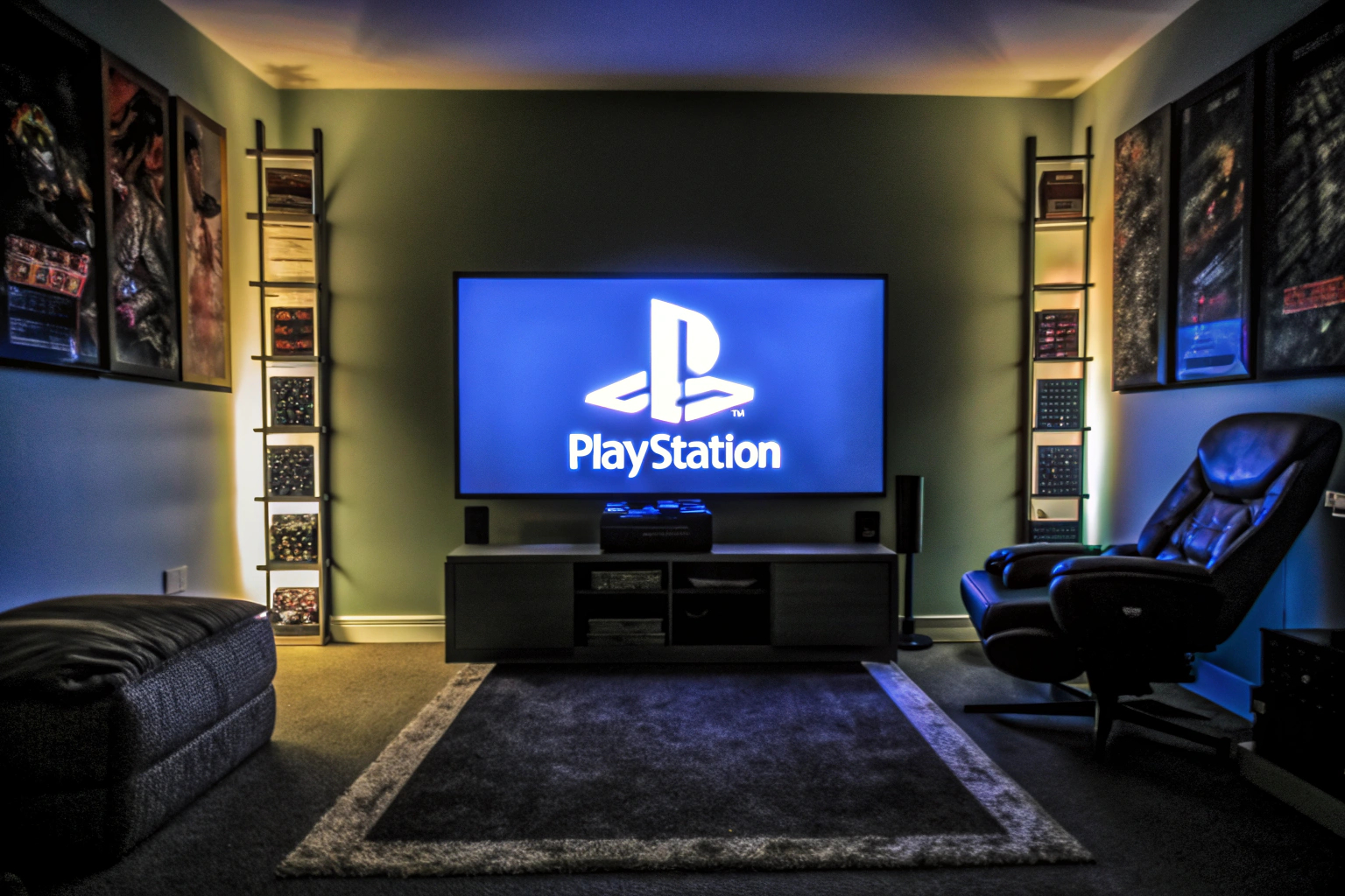 Ein PlayStation-Logo-Licht, das in einem Gaming-Zimmer verwendet wird. PlayStation-Icons-Lampe