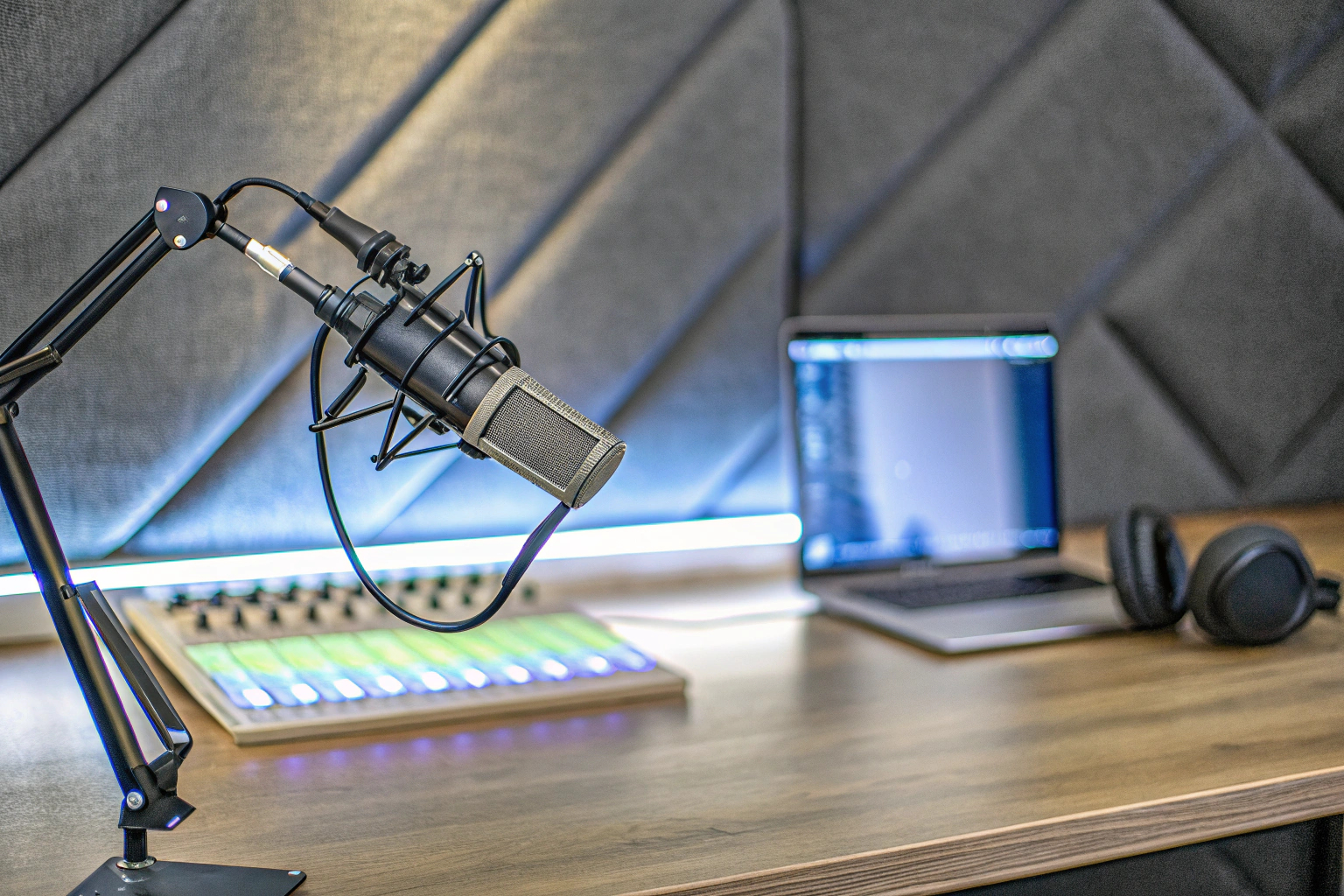 Ein Podcaster, der in einem professionellen Studio-Setup arbeitet. Podcaster im Studio