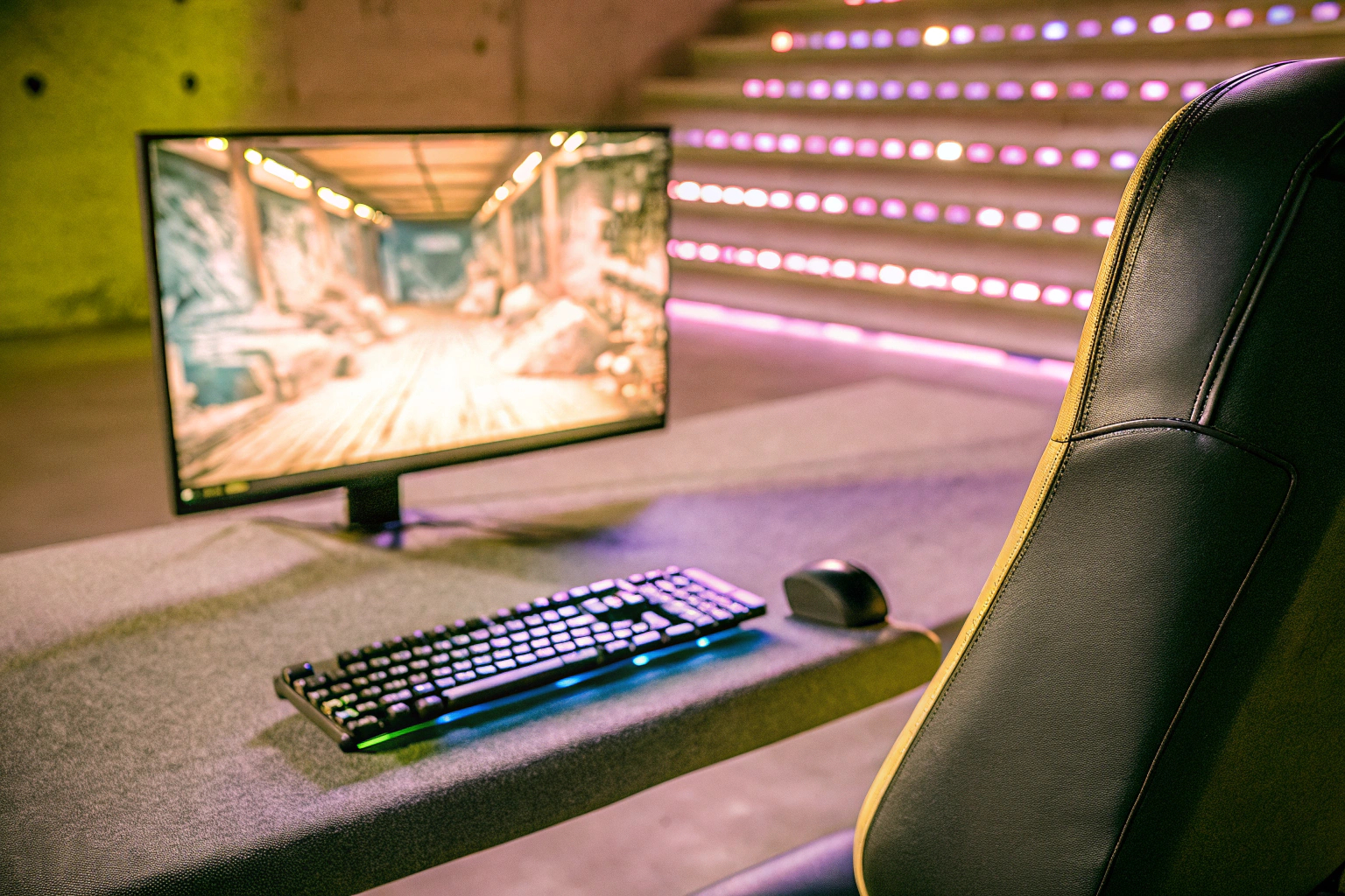 Ein professioneller E-Sportler bei einem Turnier, der konzentriert vor seinem Bildschirm sitzt. E-Sportler bei einem Turnier
