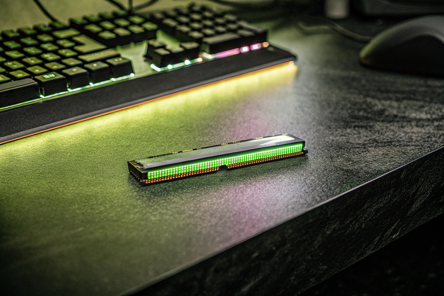 Ein RAM-Riegel mit RGB-Beleuchtung auf einem Schreibtisch. RGB-beleuchteter RAM-Riegel