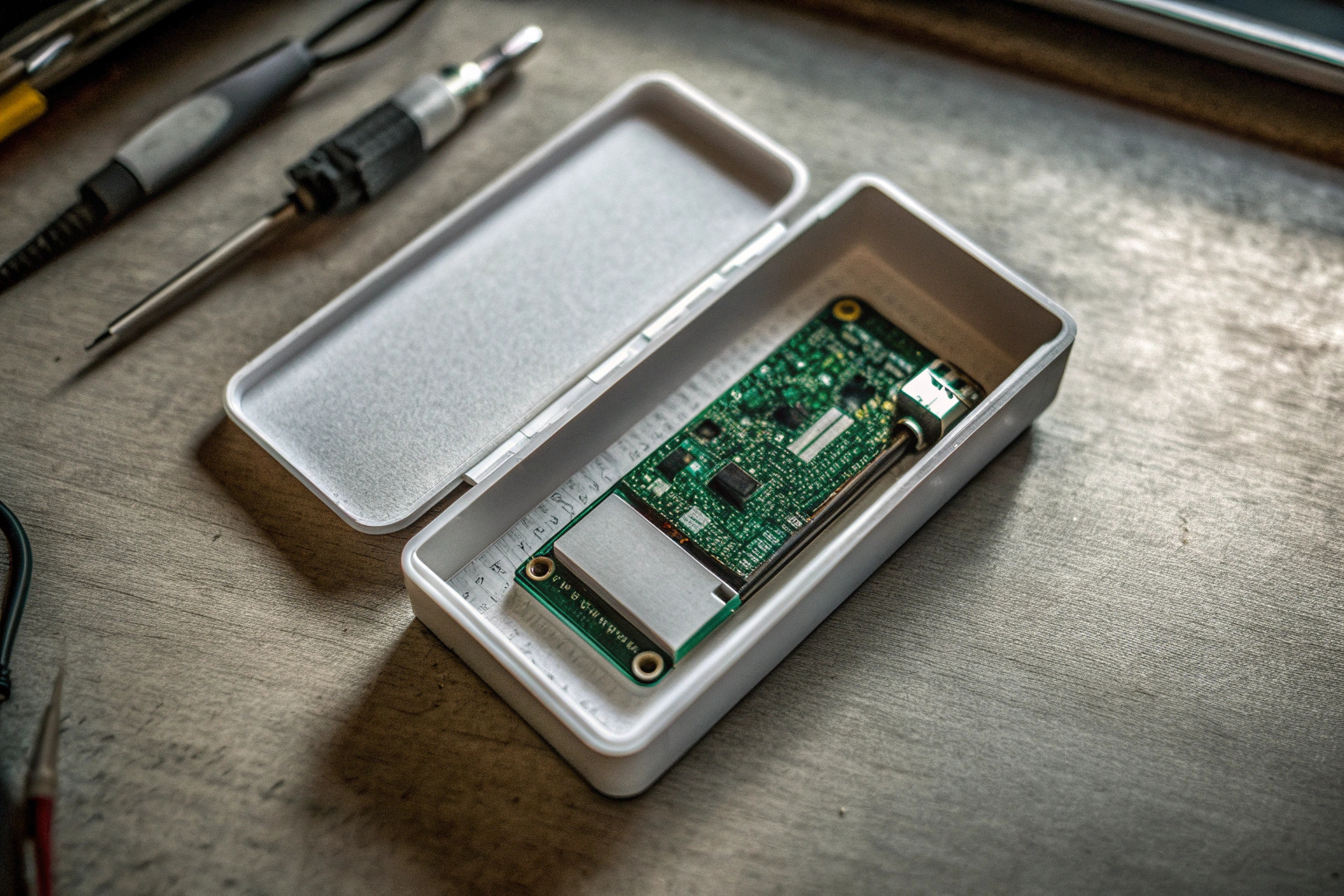 Ein Raspberry Pi Zero 2 W in einem kleinen Gehäuse, perfekt für platzsparende Projekte. Kompakter Raspberry Pi Zero 2 W
