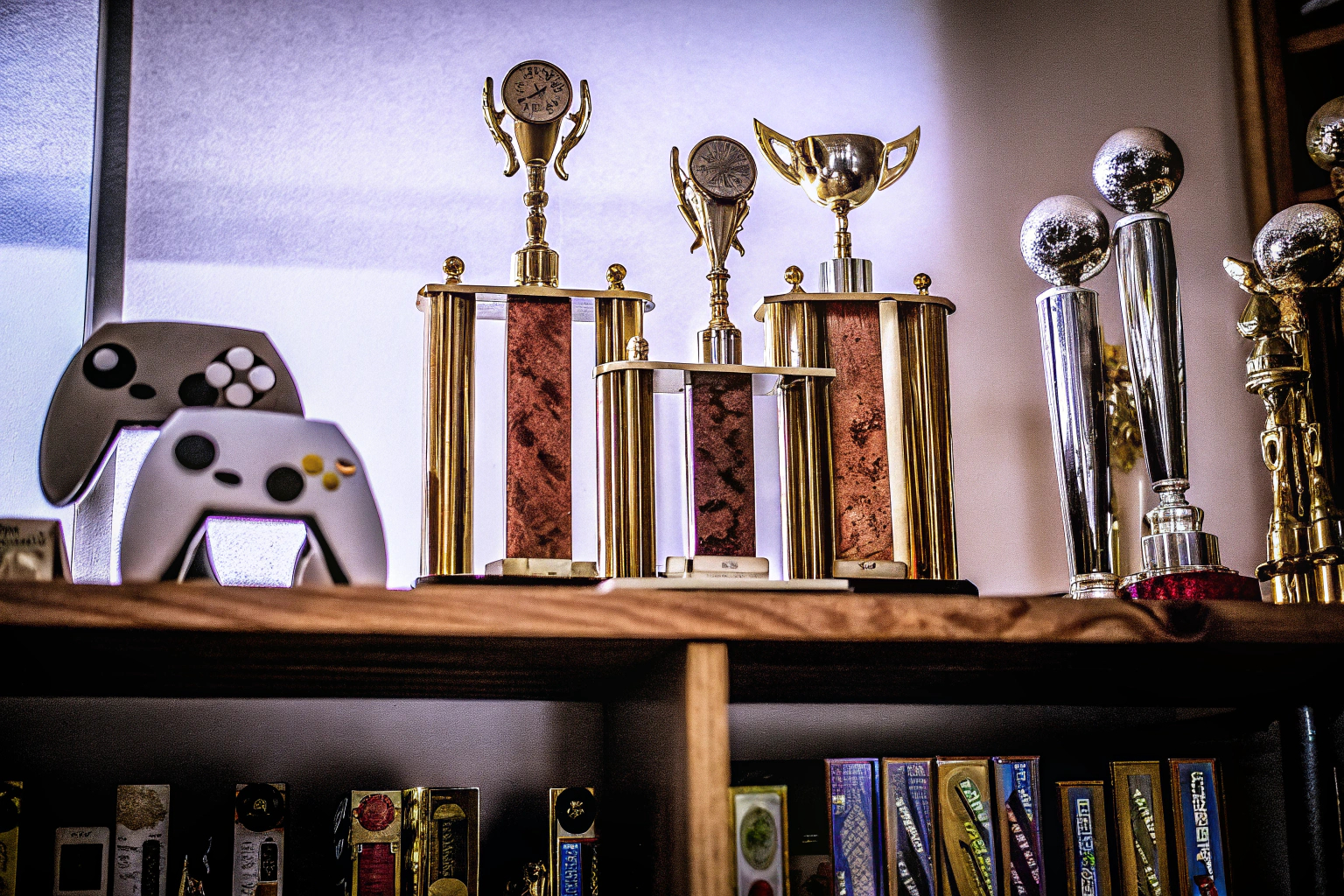 Regal mit verschiedenen Gaming-Trophäen