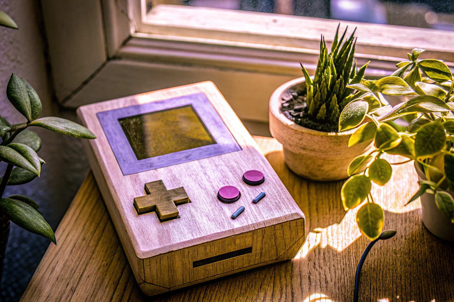Ein Retro-Gaming-Geldgeschenk aus Holz auf einem Tisch. Retro-Gaming-Geldgeschenk aus Holz