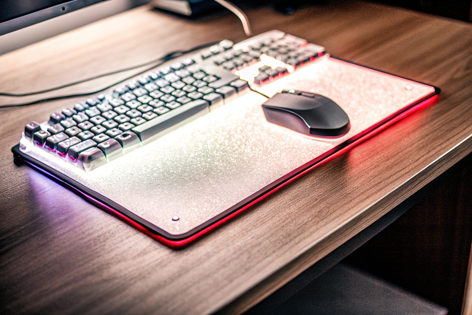 Ein RGB Gaming Mauspad mit leuchtenden Farben, das auf einem Schreibtisch unter einer Gaming-Tastatur und -Maus liegt. RGB Gaming Mauspad auf einem Gaming-Schreibtisch