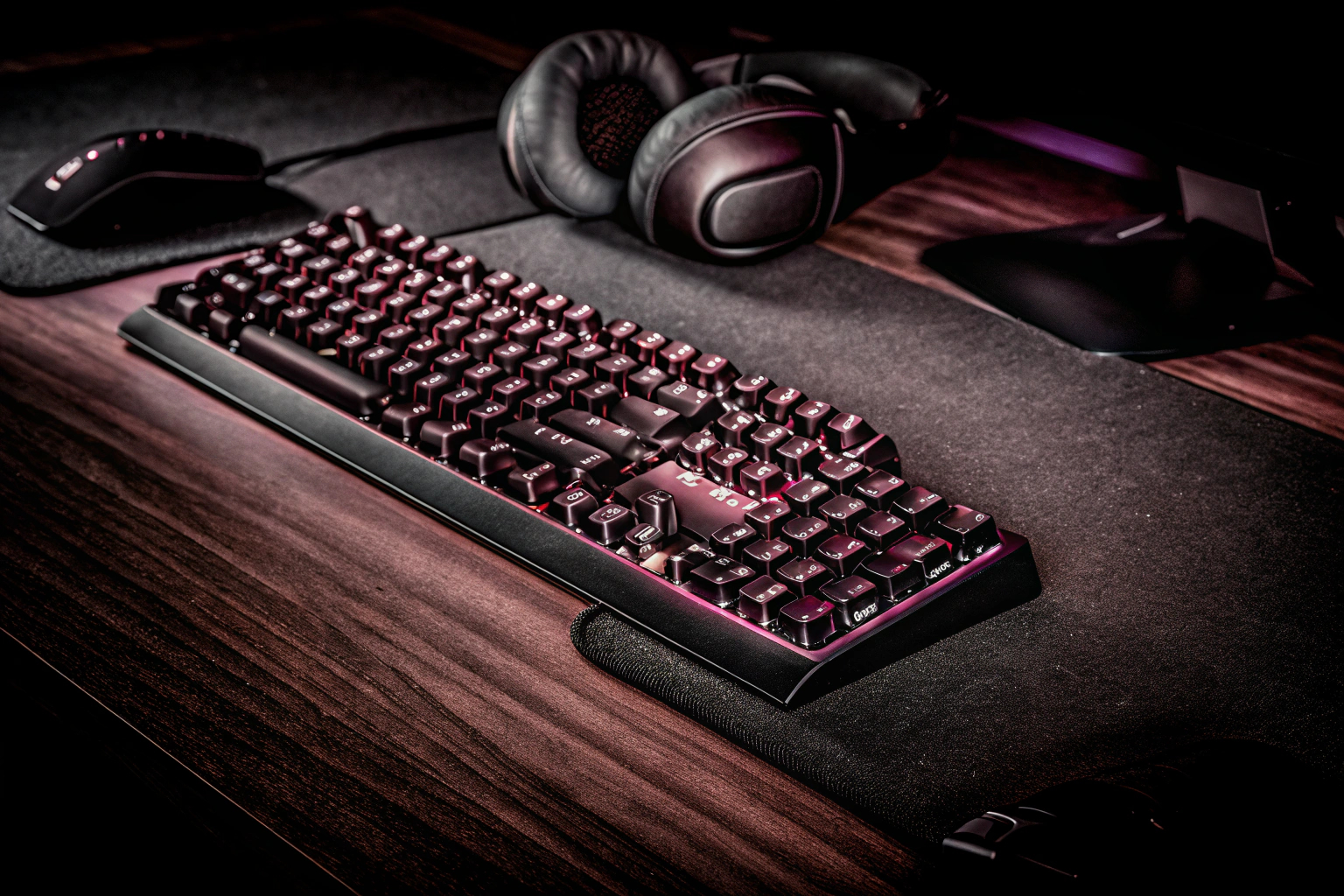 Ein Setup mit einer beleuchteten Gaming-Tastatur und anderen Gaming-Zubehörteilen. Gaming-Setup mit beleuchteter Tastatur