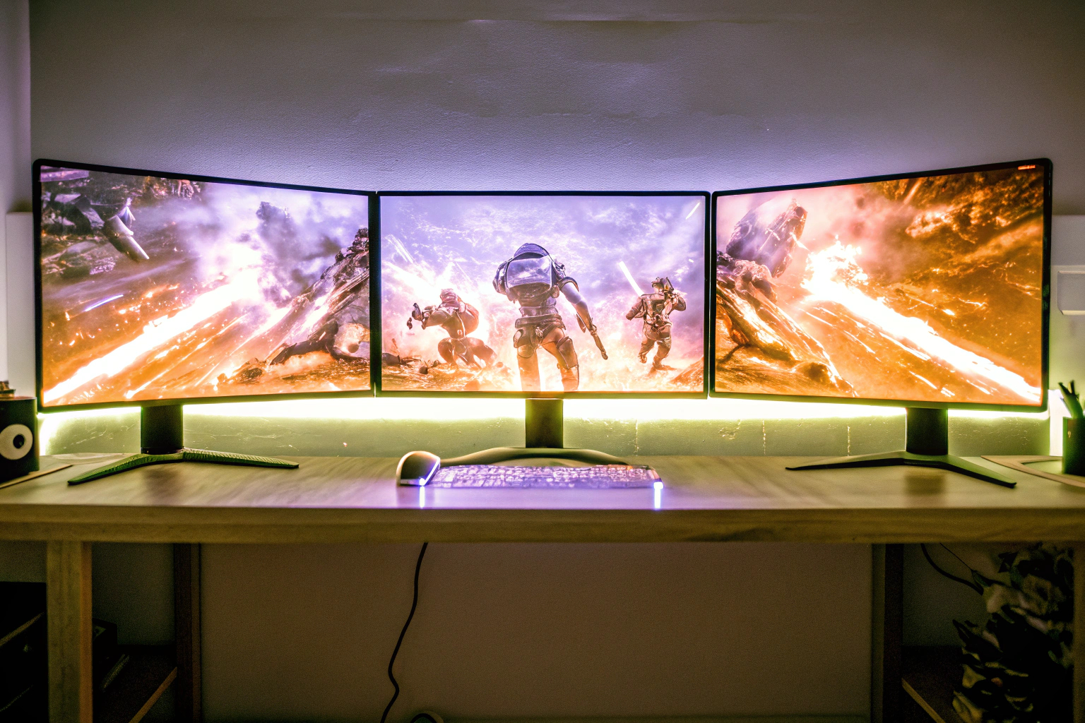 Ein Setup mit mehreren Gaming-Monitoren für ein intensives Spielerlebnis. Multi-Monitor Gaming Setup