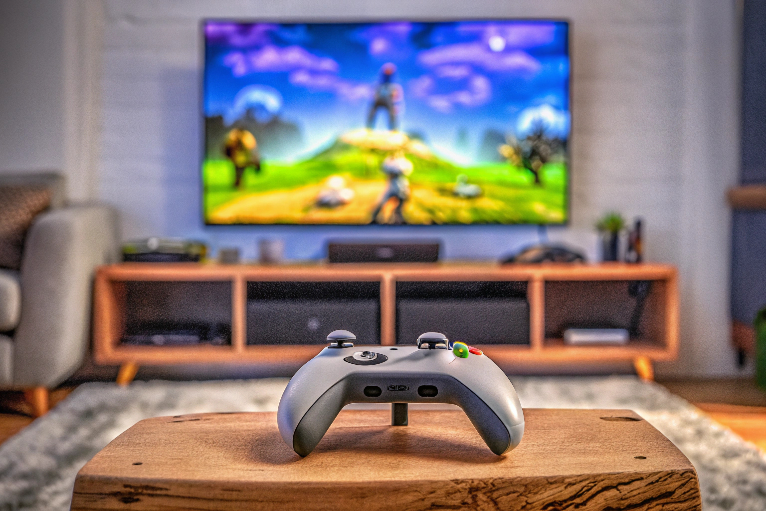 Ein Spieler, der ein Cloud-Gaming-Spiel mit einem Controller auf einem großen Fernseher spielt. Cloud-Gaming auf dem Fernseher