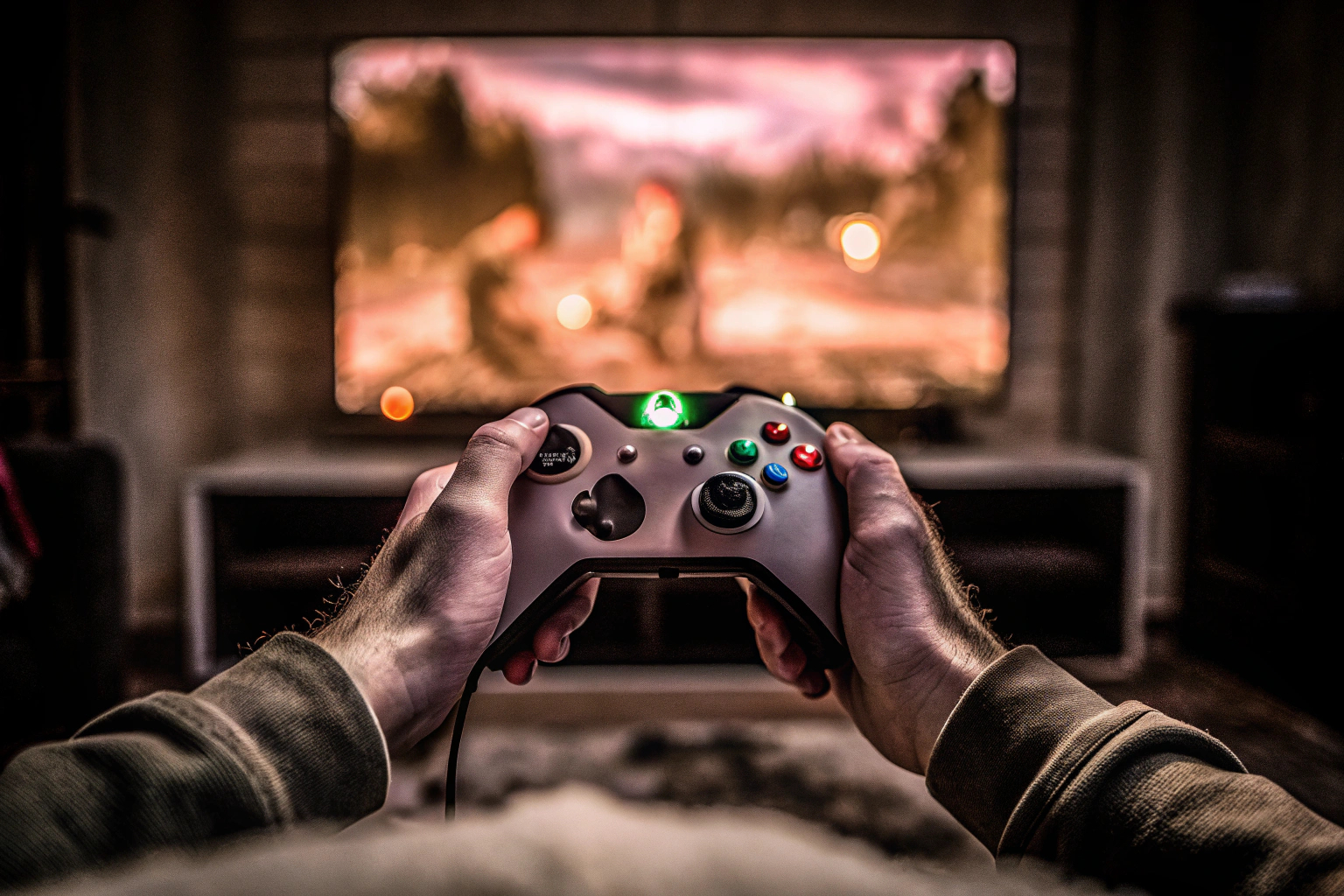 Ein Spieler, der einen Xbox-Controller hält und in ein intensives Spiel vertieft ist. Xbox Gaming