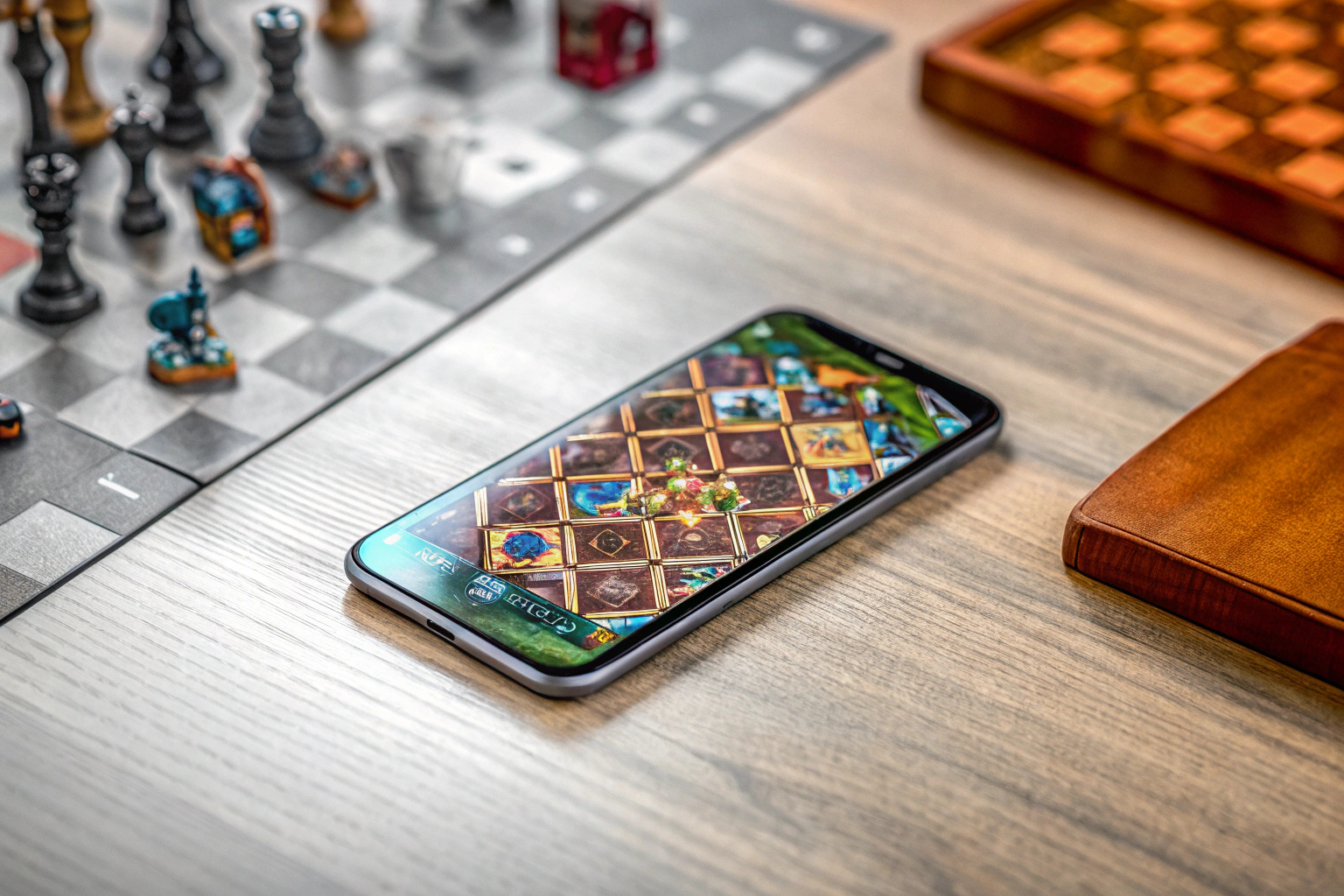 Ein Spieler, der intensiv ein Strategiespiel auf einem Smartphone spielt. Strategiespiel auf Smartphone