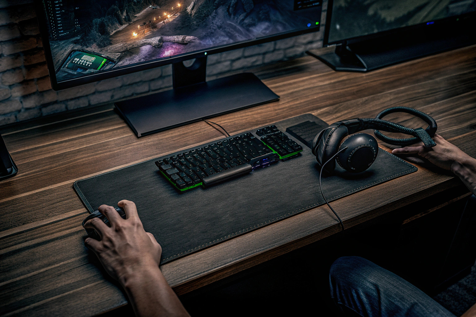 Ein Spieler, der sich auf ein E-Sport-Turnier vorbereitet, mit verschiedenen Gaming-Zubehörteilen. E-Sport Vorbereitung