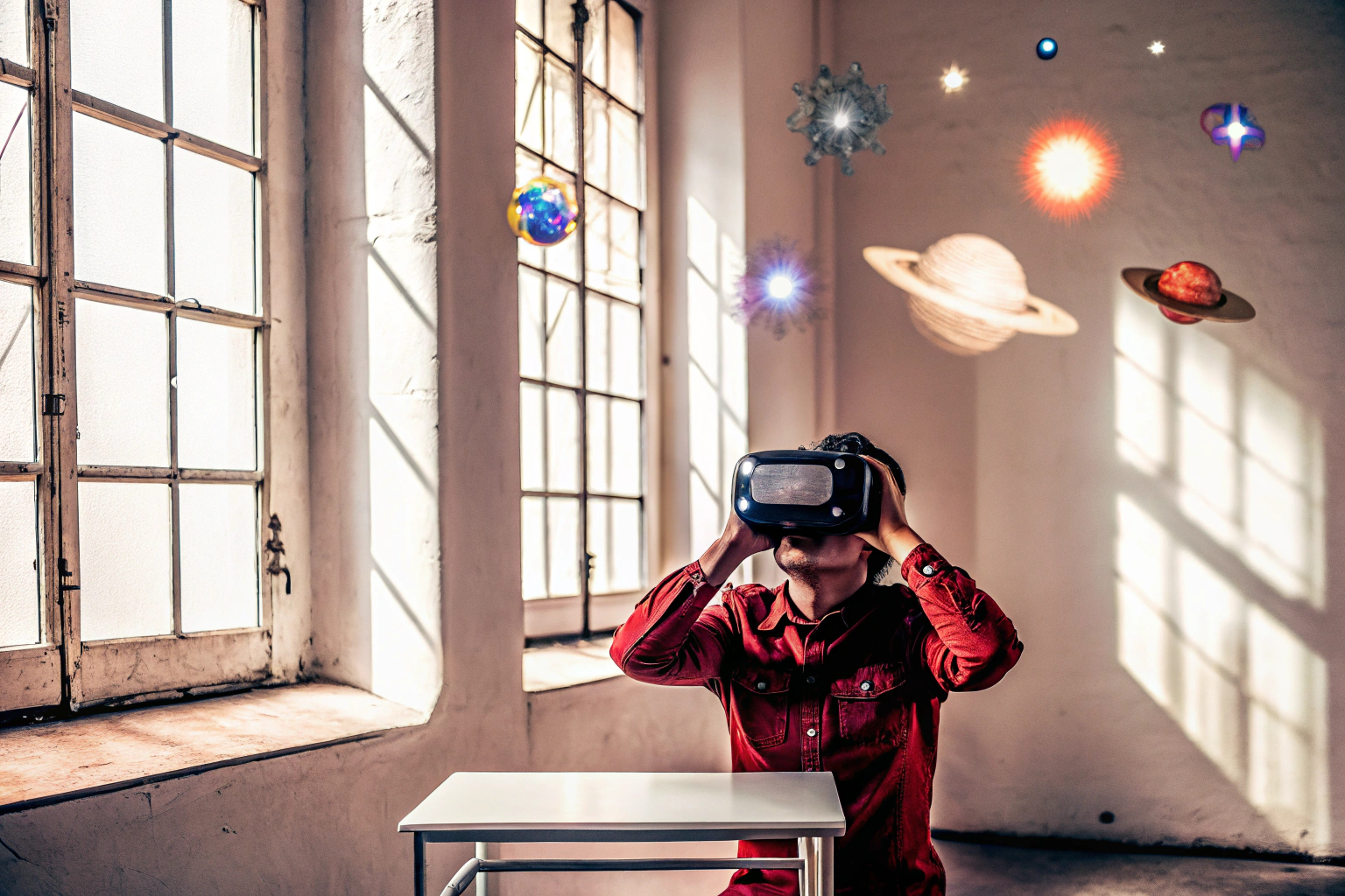 Ein Spieler taucht mit einem VR-Headset in eine virtuelle Welt ein. VR-Spieler mit Headset
