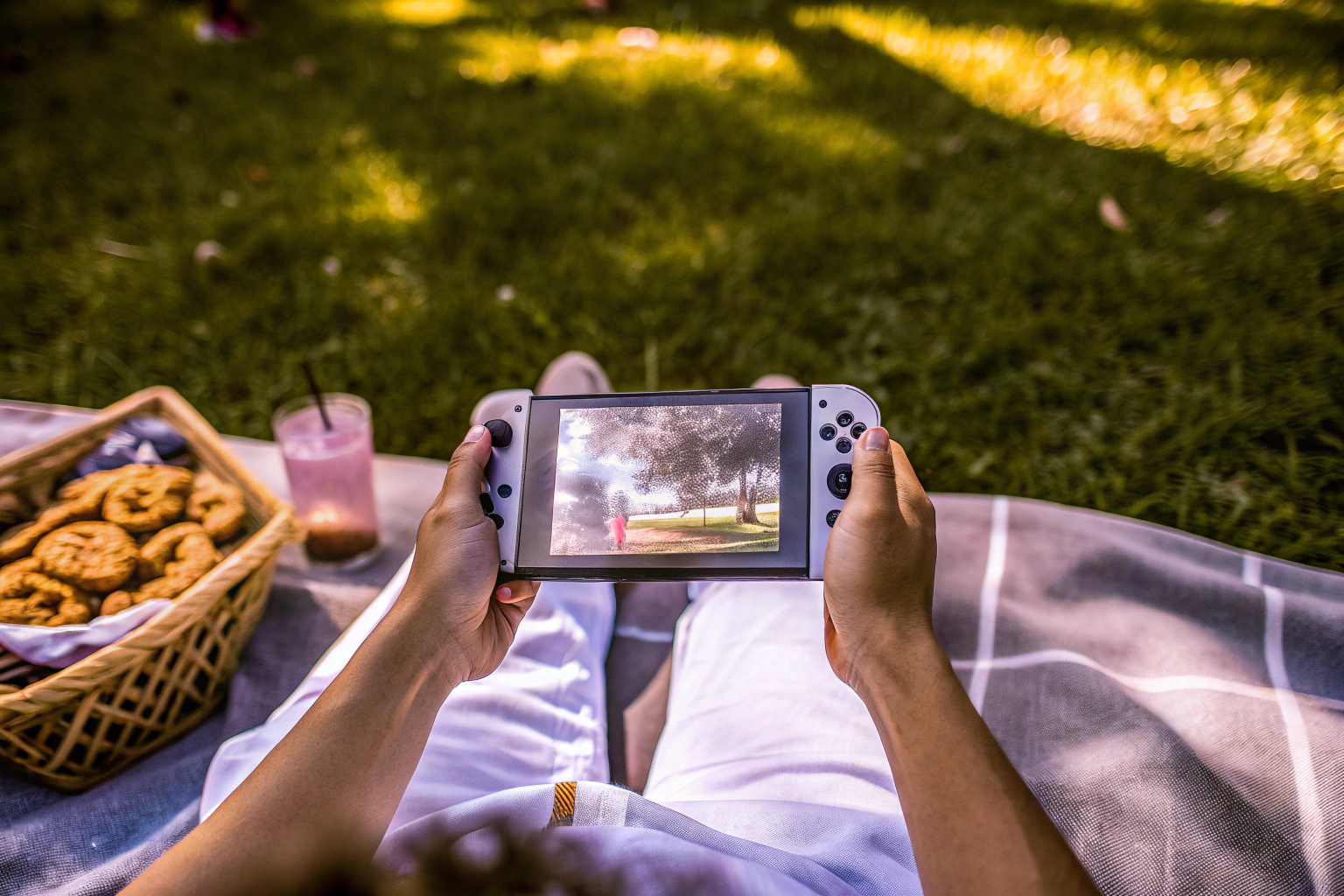 Ein Spieler verwendet die Nintendo Switch im Handheld-Modus während einer Pause im Park. Nintendo Switch im Einsatz