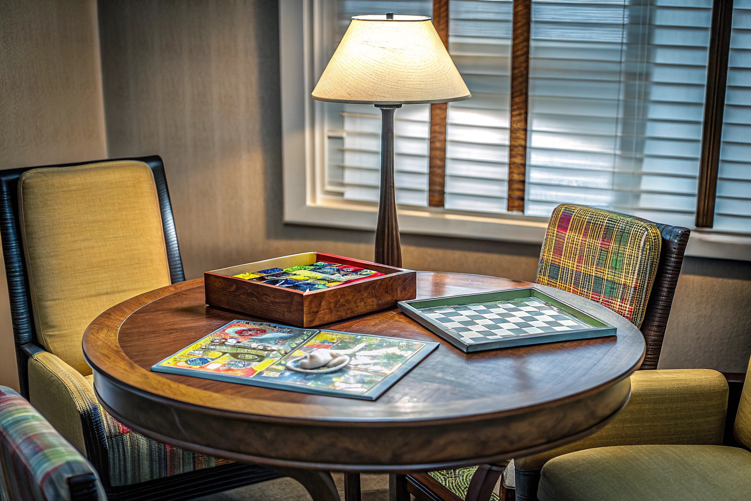 Ein Spieltisch, auf dem verschiedene Kartenspiele und Brettspiele ausgebreitet sind, bereit für einen Spieleabend. Spieleabend Vorbereitung
