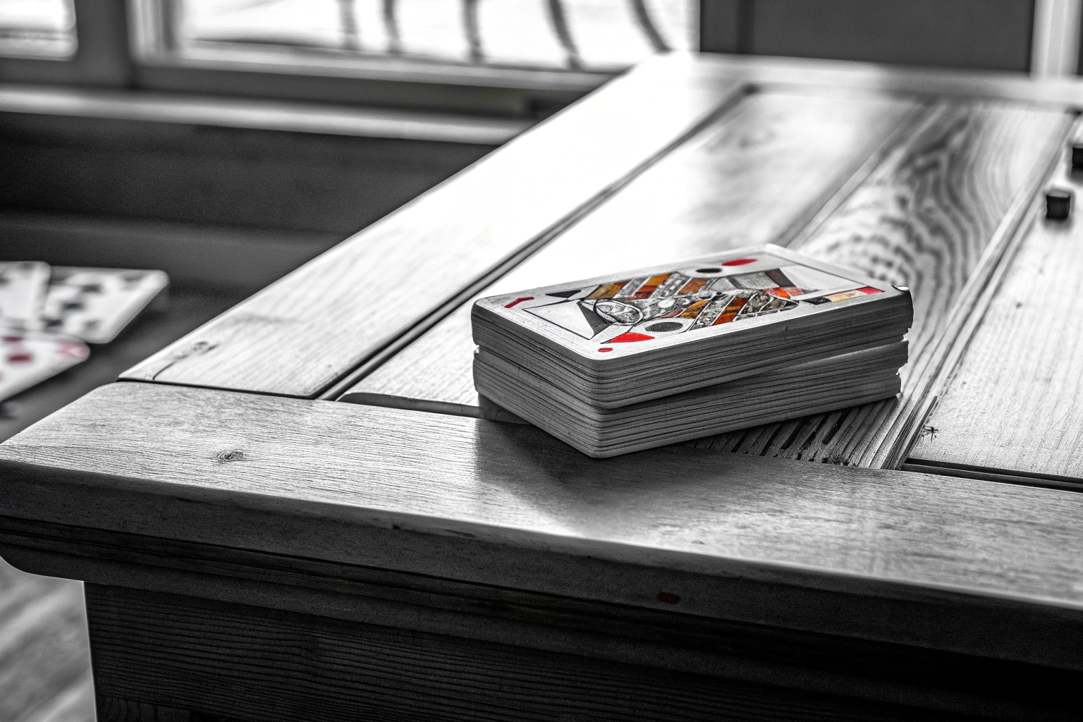 Ein Stapel von Spielkarten auf einem Tisch, bereit für ein Kartenspiel. Kartenspiel Stapel Tisch