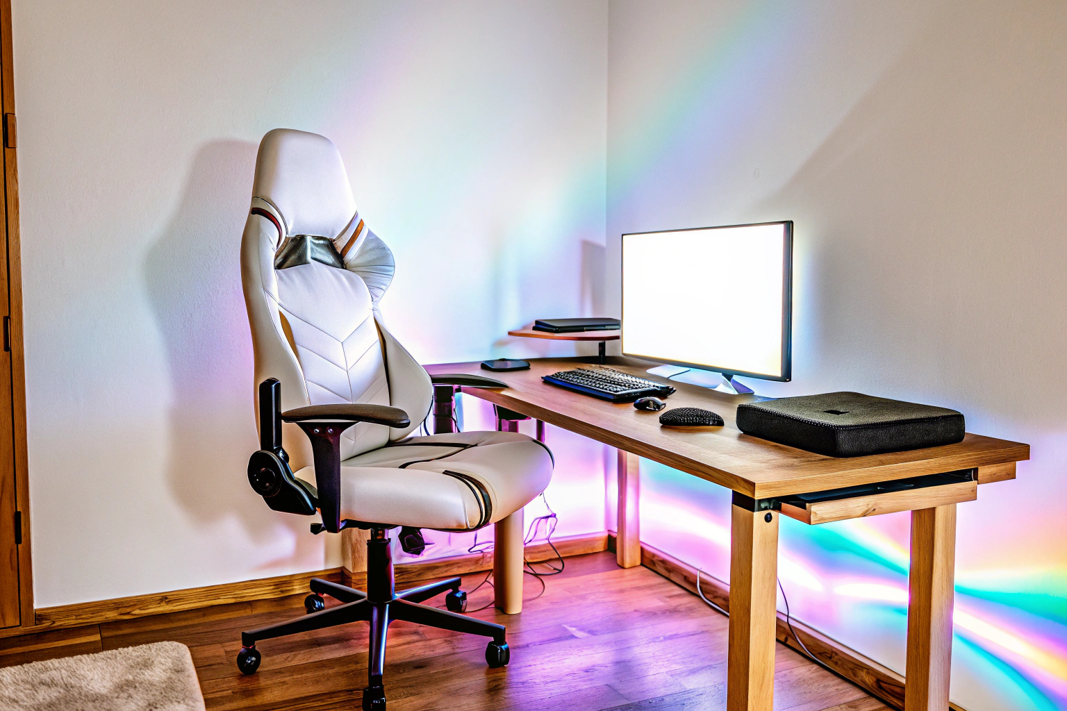 Ein stilvoll eingerichtetes Gaming-Zimmer mit RGB-Beleuchtung und ergonomischen Möbeln. Gaming-Zimmer mit RGB-Beleuchtung