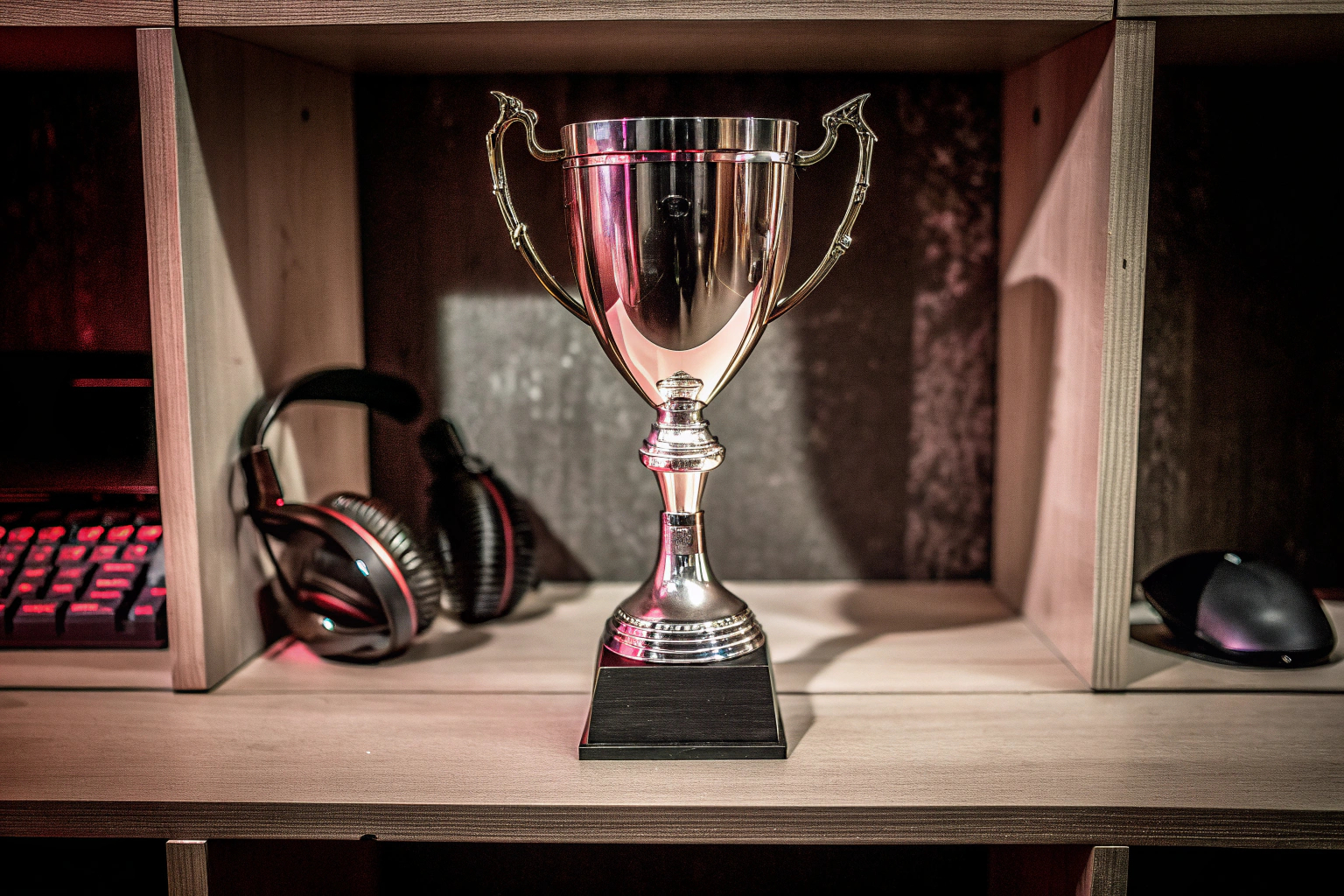 Ein stilvoll gestalteter eSports-Pokal auf einem Regal neben Gaming-Ausrüstung. eSports-Pokal