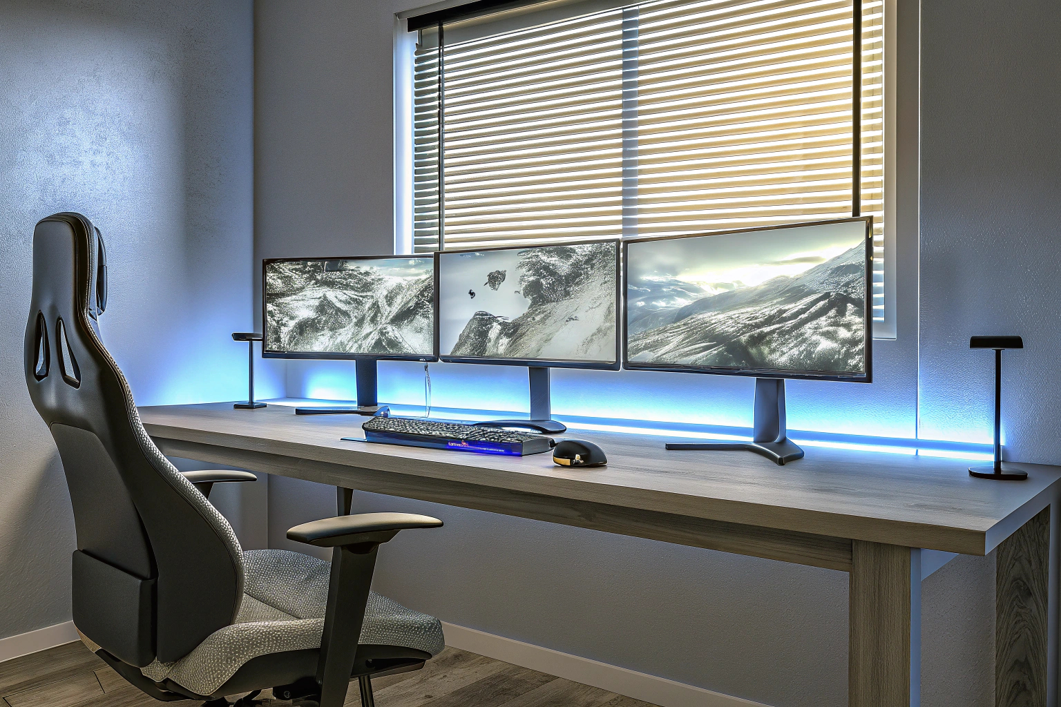 Ein stilvoller Gaming-Schreibtisch mit RGB-Beleuchtung und mehreren Monitoren. Gaming-Schreibtisch mit RGB-Beleuchtung