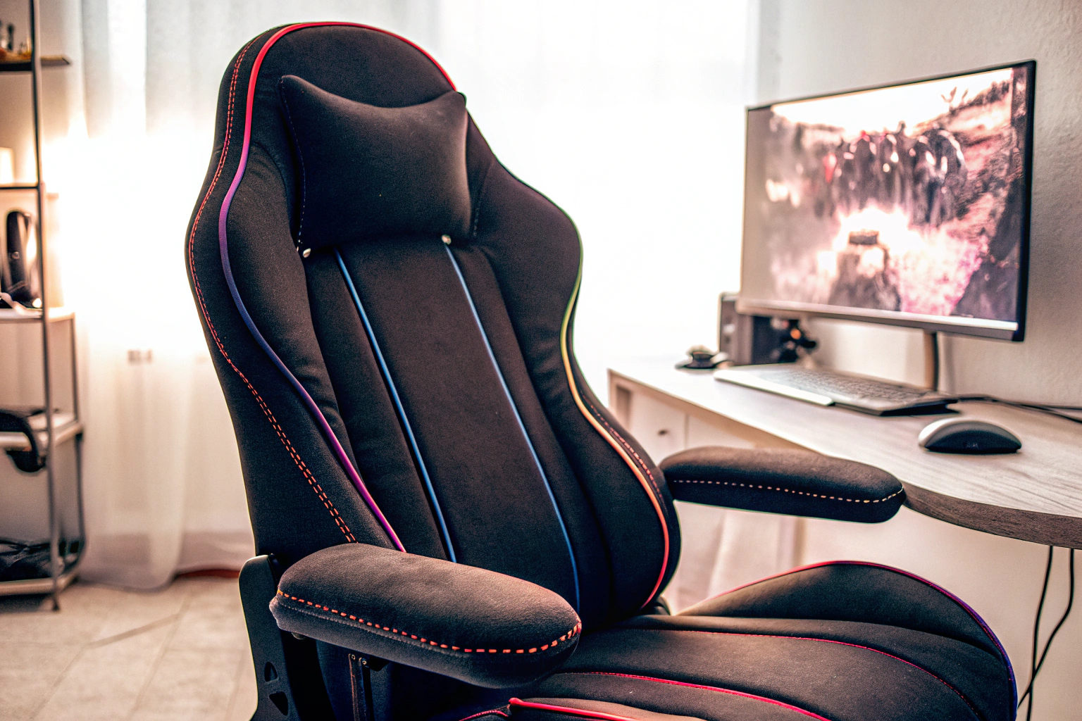 Ein stilvoller Gaming-Stuhl in einem modernen Gaming-Zimmer. Gaming-Stuhl in einem Gaming-Zimmer