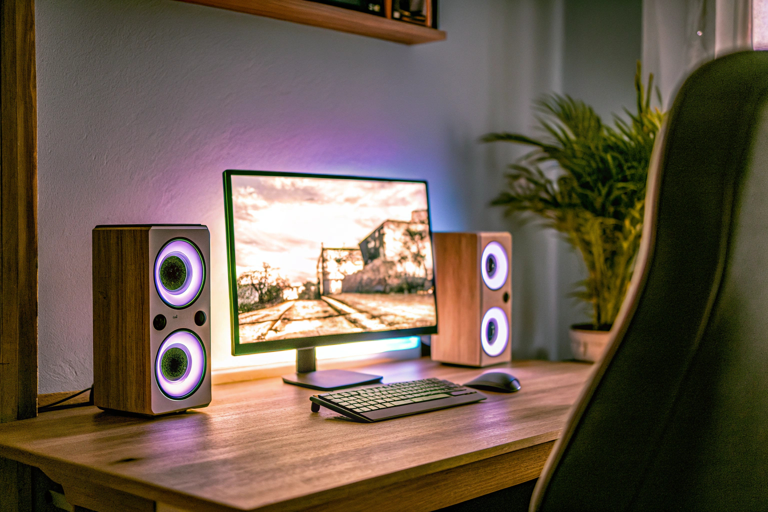 Ein stilvolles Gaming-Setup mit beleuchteten Lautsprechern und einem Monitor, auf dem ein Spiel läuft. Gaming-Setup mit Lautsprechern